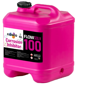 Pink container labeled FLOW SOLV 100, corrosion inhibitor, 15L