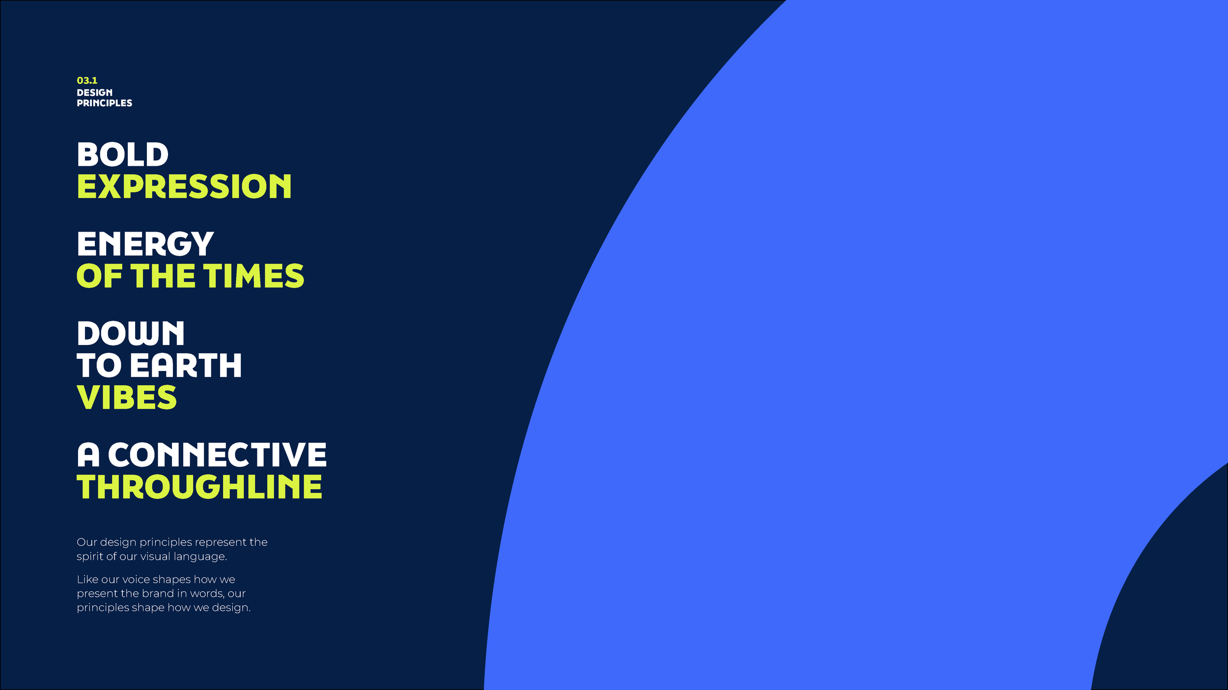 A slide titled 'Design Principles' with points on visual language, voice shapes, energy, and connectivity, featuring bold text in white and yellow-green on a blue and dark blue background.