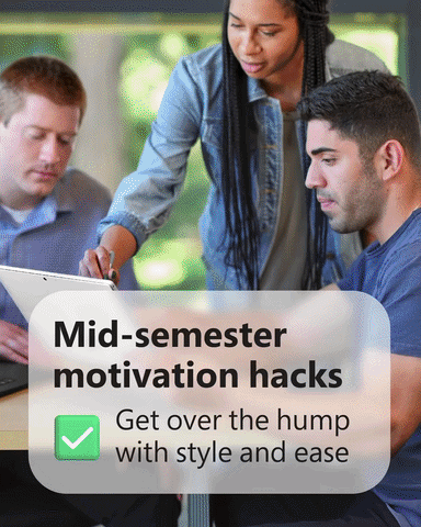 A woman stands over two men sitting at a table, discussing mid-semester motivation hacks with a focus on staying stylish and at ease.