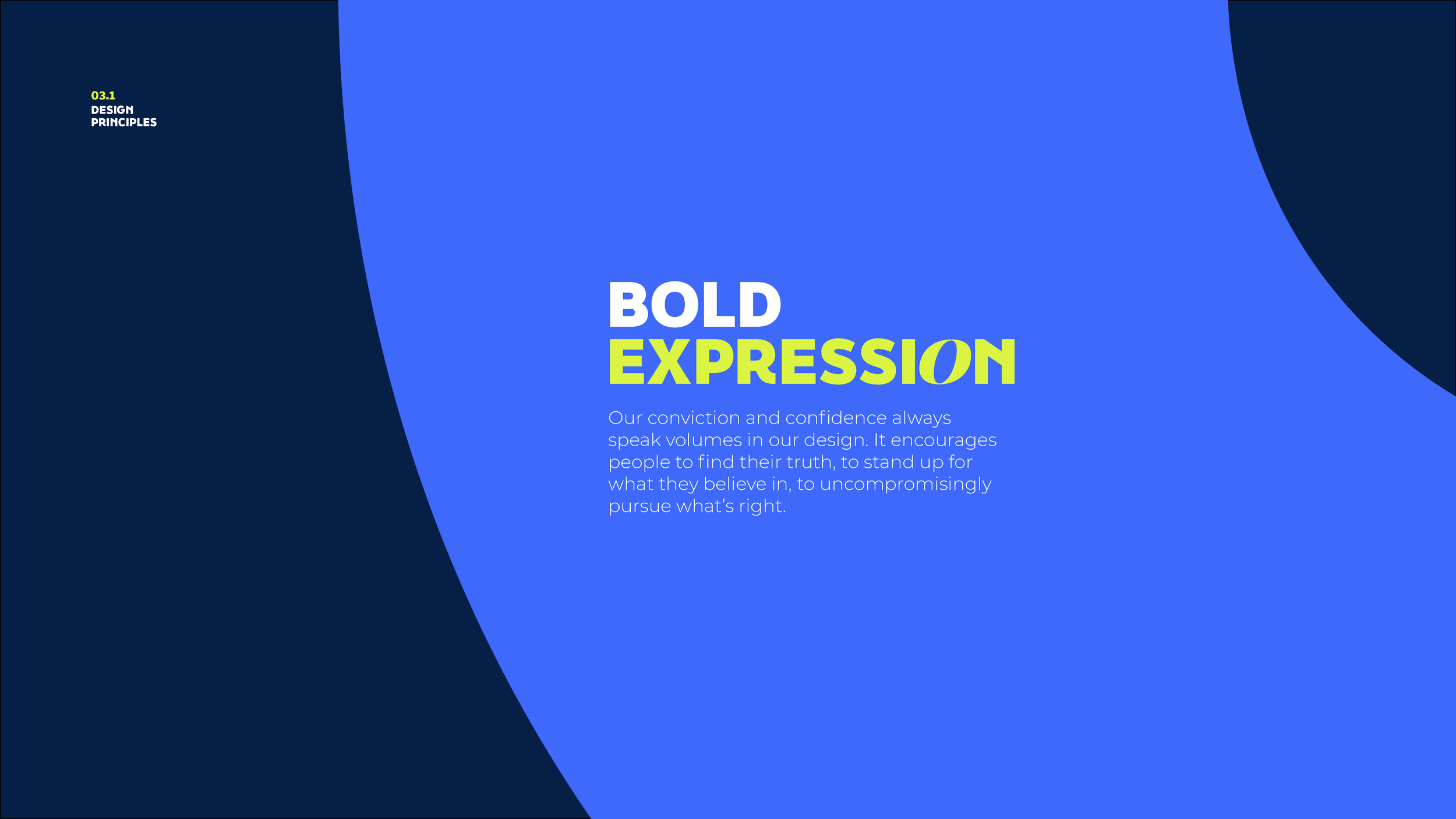 Design principles slide with blue and dark blue abstract backgrounds, highlighting the phrase 'Bold Expression' and describing the importance of conviction and confidence in design.