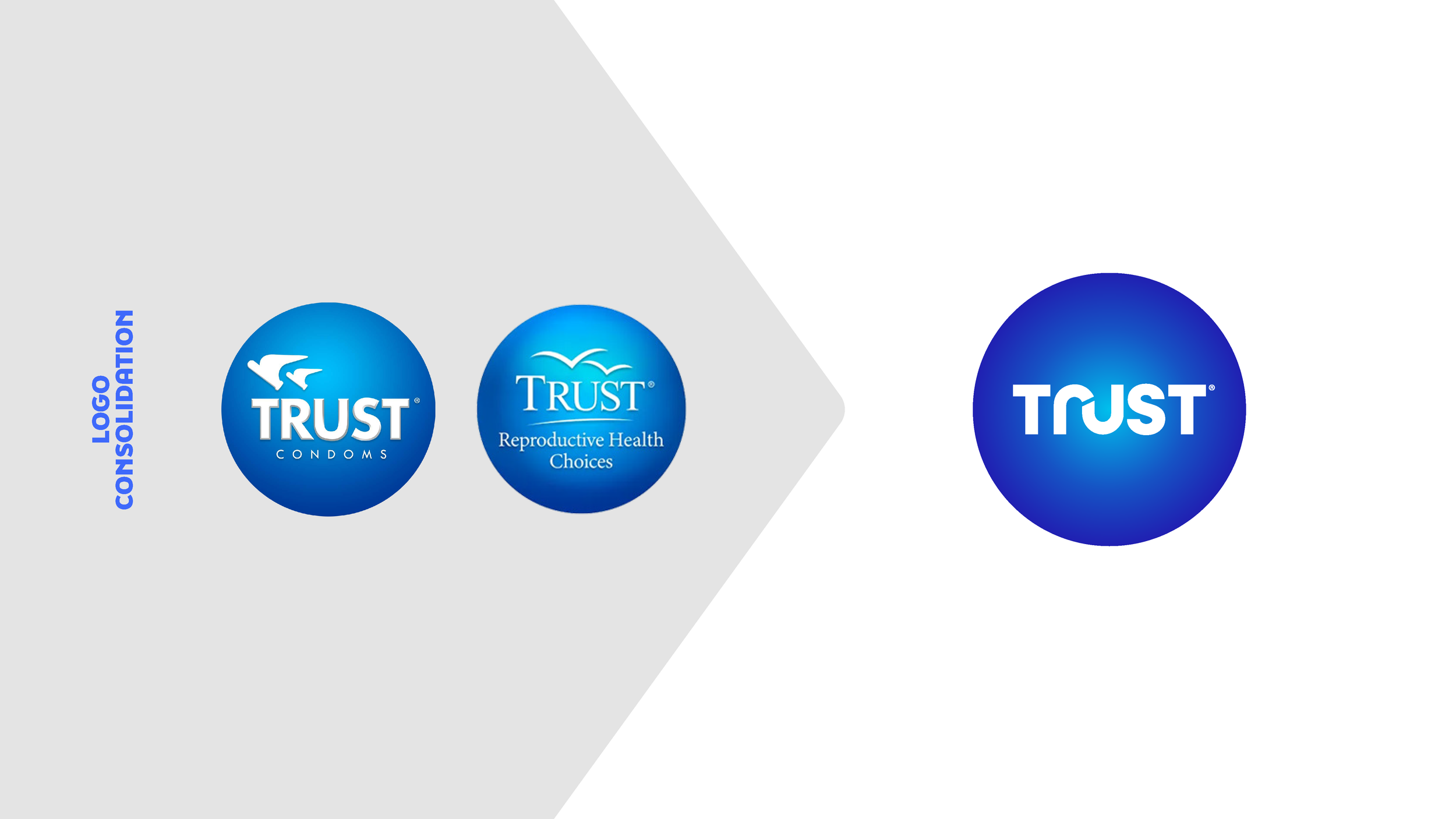 Logo design process for Trust Condoms, featuring three blue circular logos with the word "Trust" and related health messages, transitioning into a single completed Trust logo.