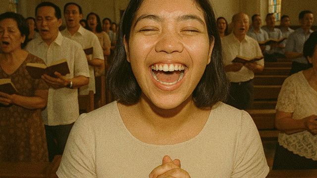 A woman smiling joyfully in a group setting, possibly in a church or community gathering.