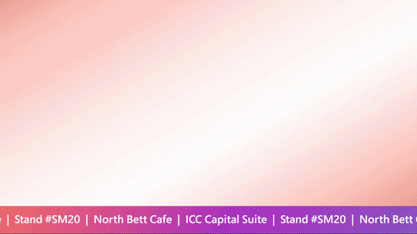 A close-up view of a pink and purple themed digital advertisement banner with text about visiting North Bett Cafe at ICC Capital Suite during a stand event, including hashtags #SM20.