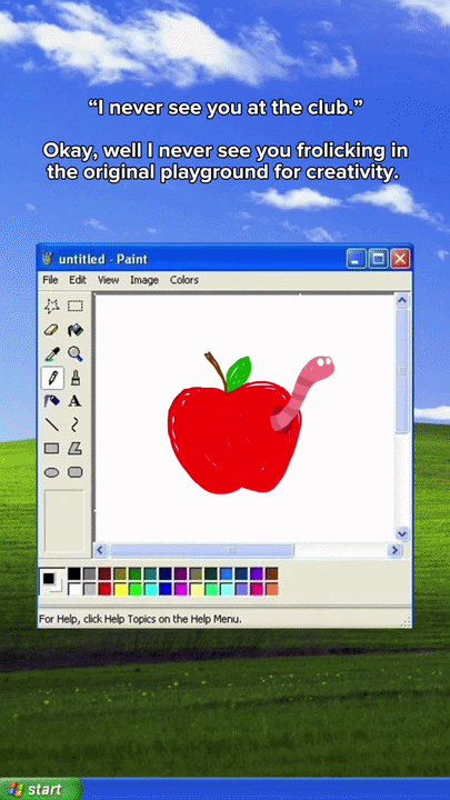 A computer screen displays the classic Windows XP desktop with a Paint program open. The painting shows a red apple with a green leaf and a pink worm with dark pink stripes emerging from it. Text at the top quotes a dialogue about not seeing someone at the club and fecundity.