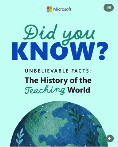 Microsoft promotional graphic with the text "Did you KNOW? UNBELIEVABLE FACTS: The History of the Teaching World" over a stylized globe with plants and continents.