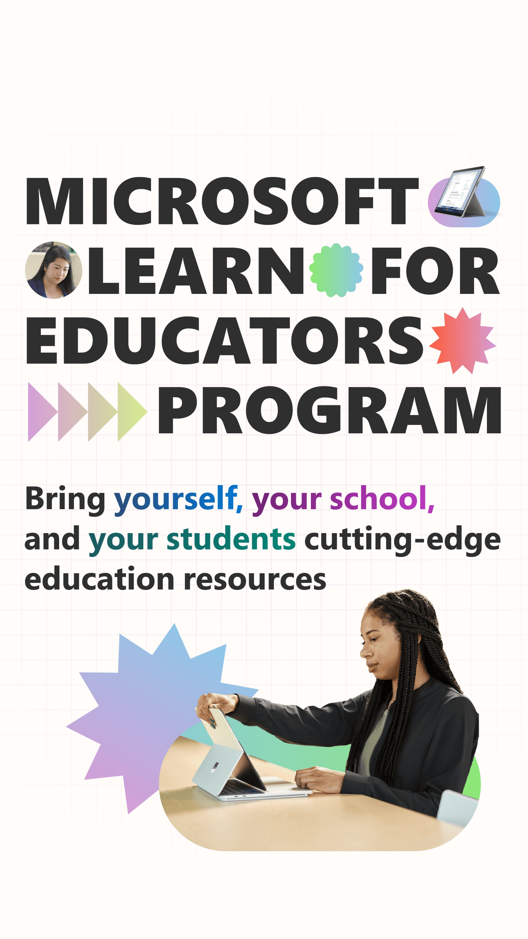 Promotional flyer for Microsoft Learn for Educators program, featuring a woman using a laptop, colorful shapes, and text encouraging teachers to bring innovative educational resources.