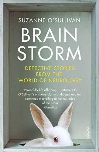 Book cover of 'Brain Storm' by Suzanne O'Sullivan, featuring a white rabbit with pink eyes and large ears.