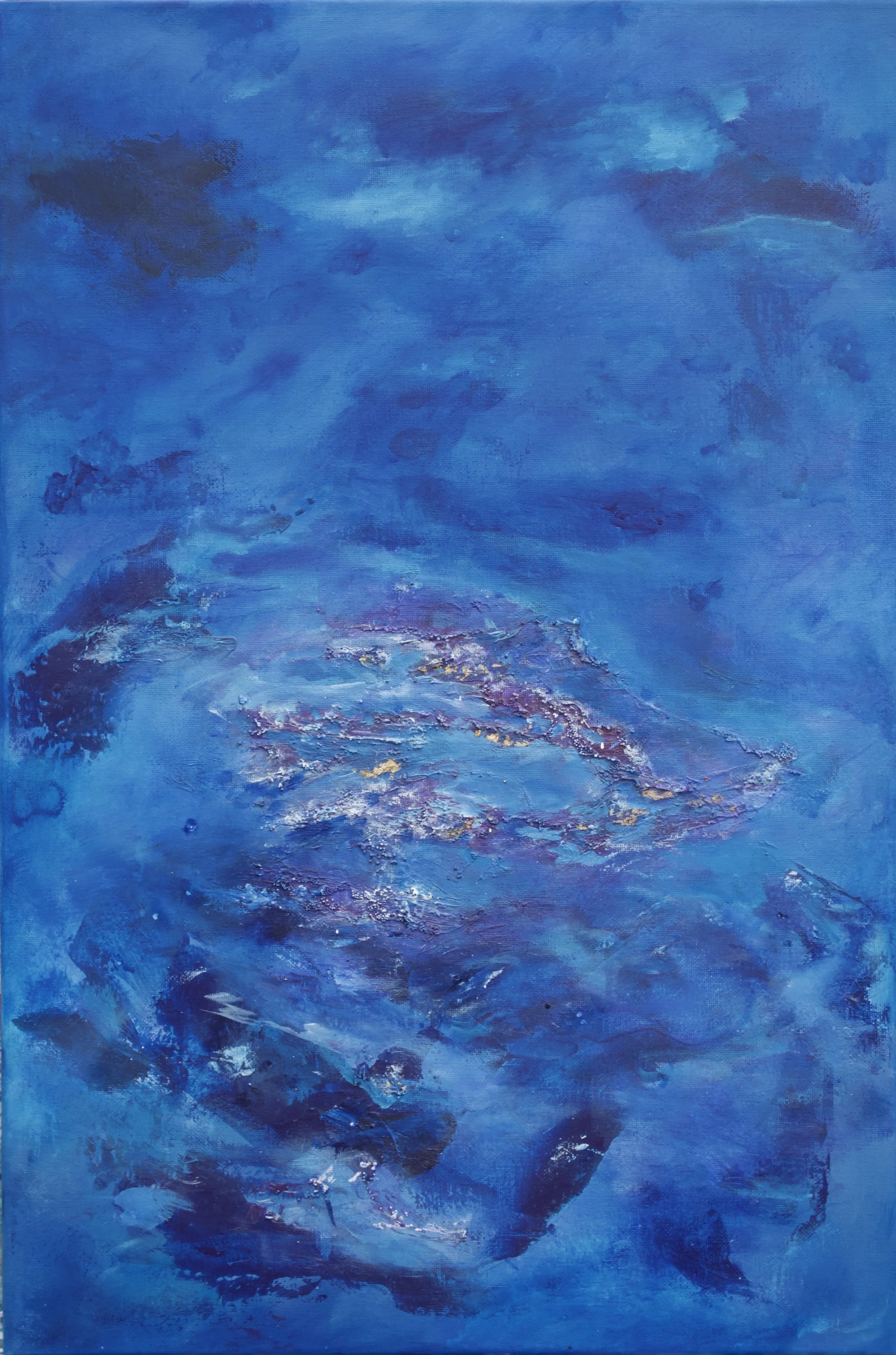 Abstract expressionist painting by Deirdre P. Malcolm — deep blue with gold and white accents