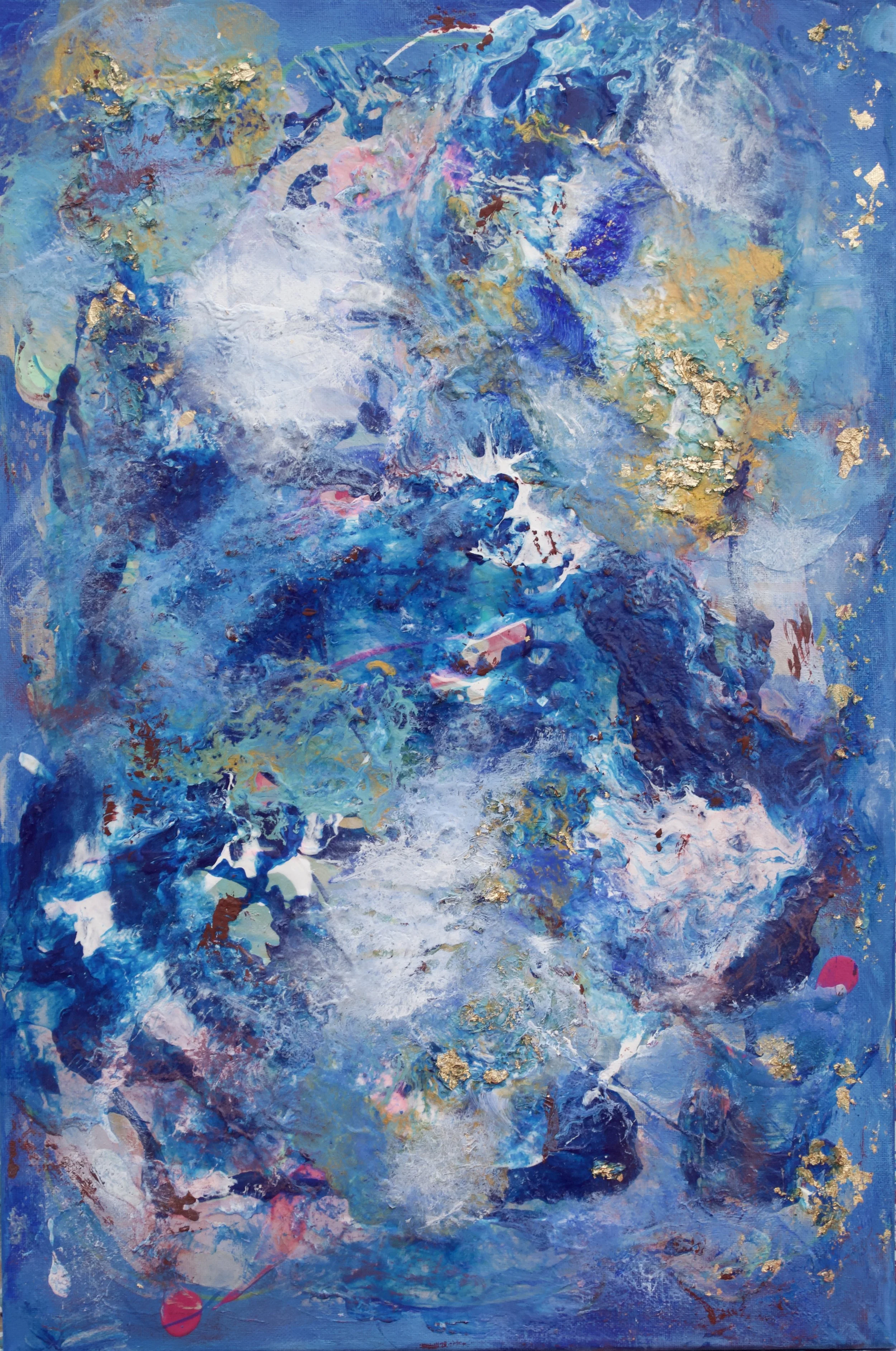 Abstract expressionist painting by Deirdre P. Malcolm — blue, white and gold swirling texture