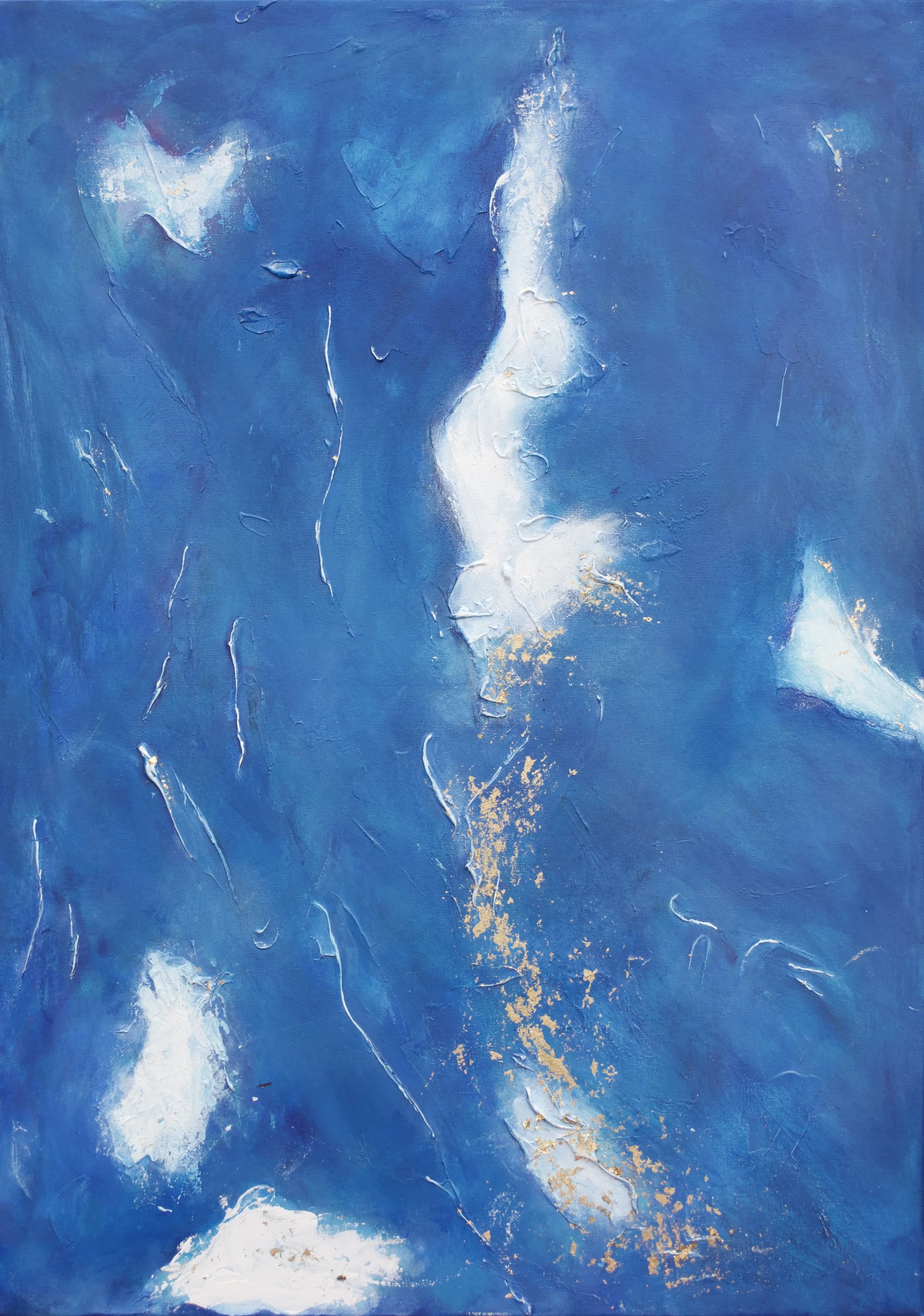 Abstract expressionist painting by Deirdre P. Malcolm — blue and gold textured layers