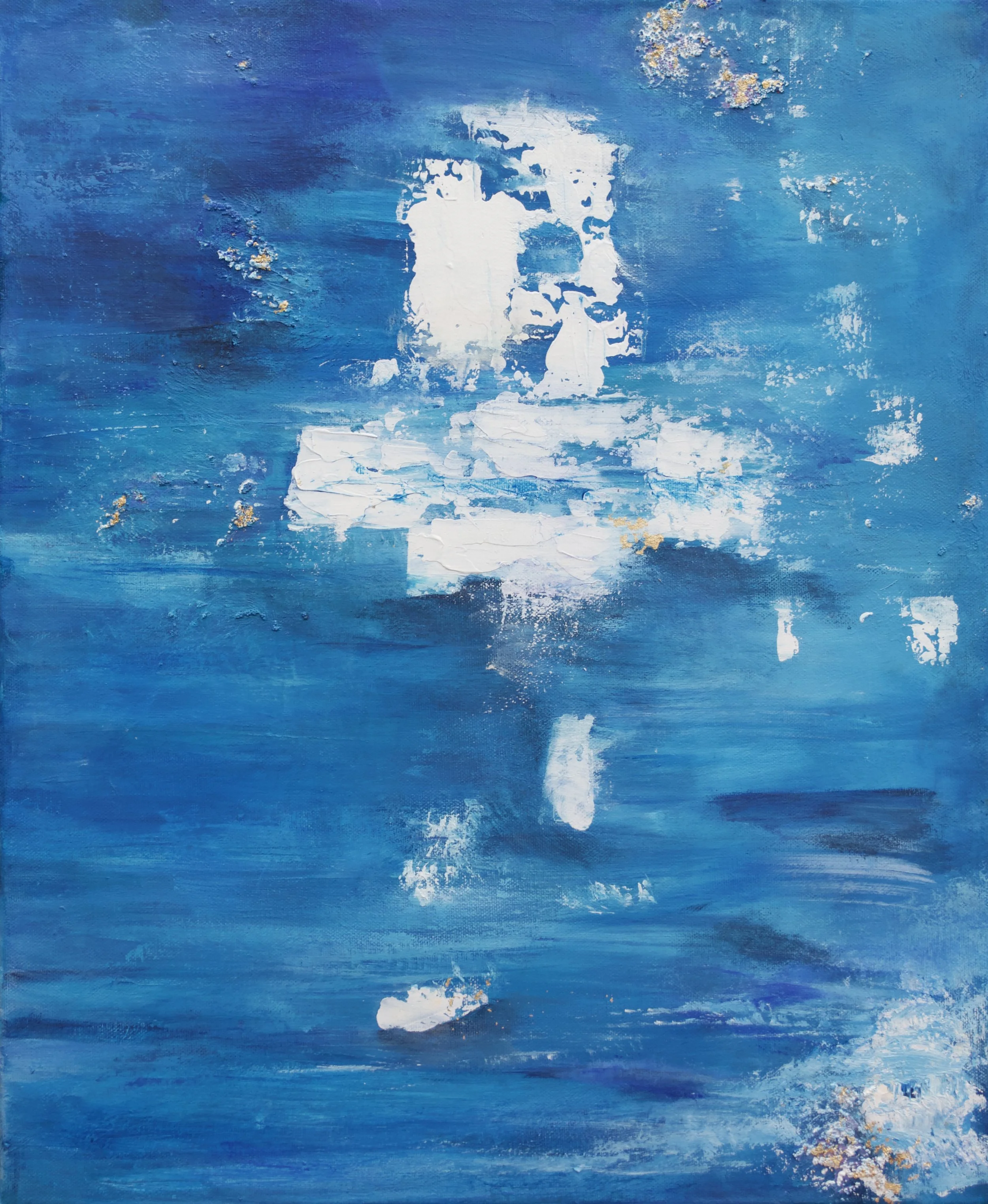 Abstract expressionist painting by Deirdre P. Malcolm — ocean-inspired blues with textured brushstrokes