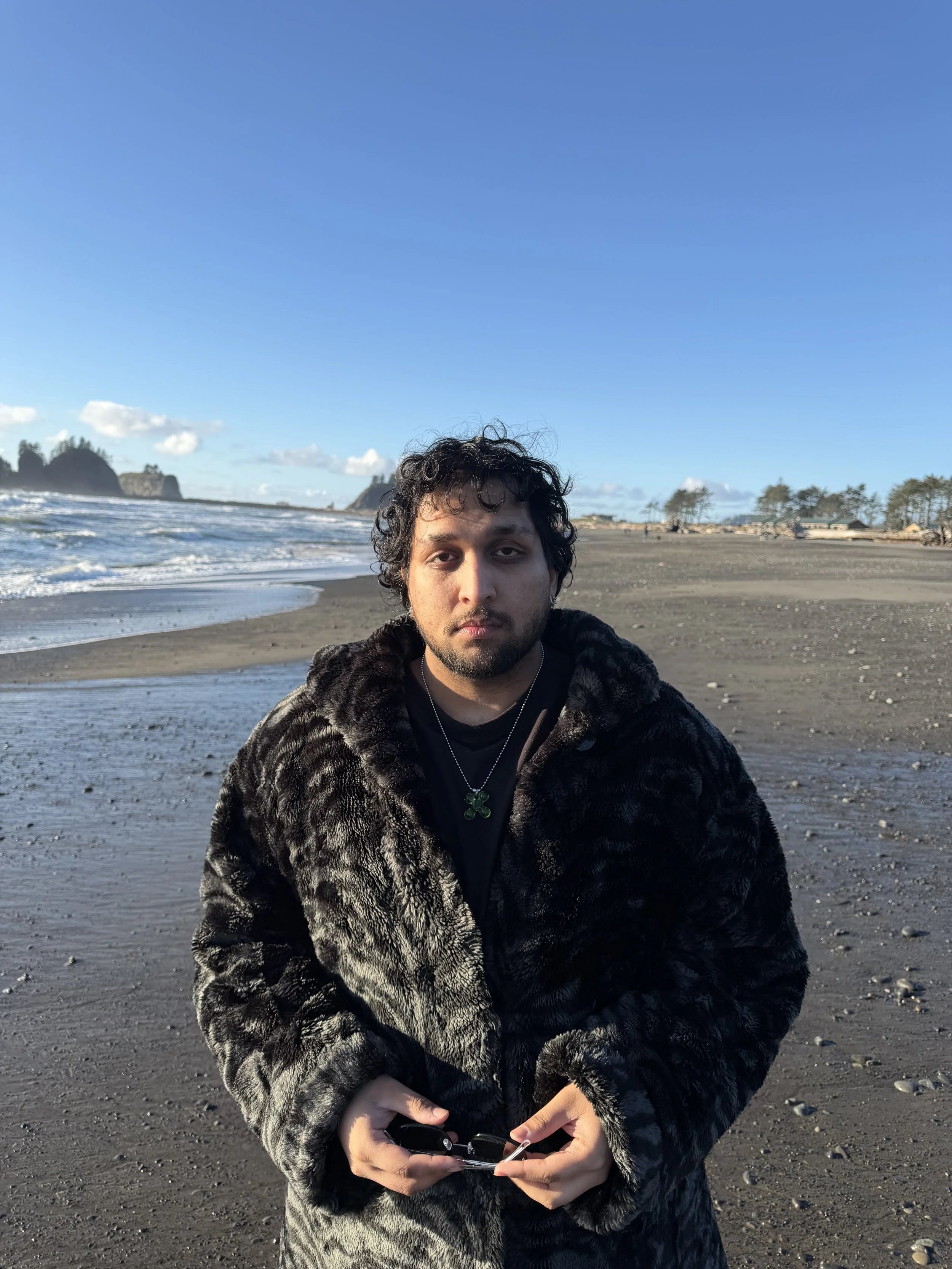 A man standing on a beach with dark sand, wearing a fur coat and holding sunglasses, with the ocean and blue sky in the background.