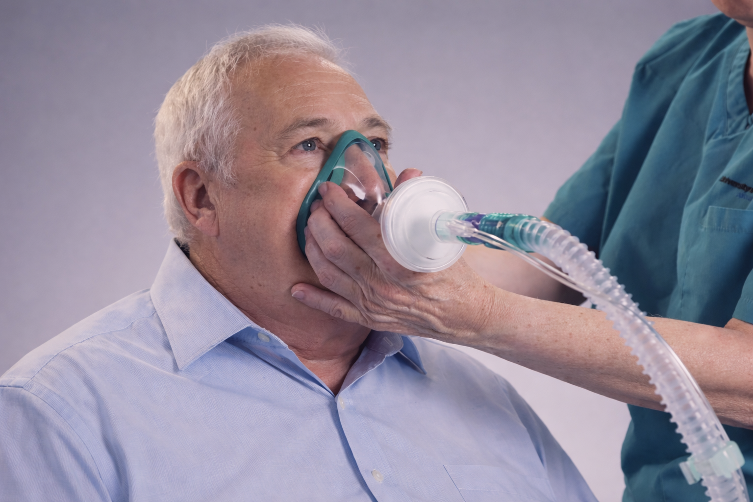 An elderly man receiving a breathing mask, cough assist machine from a healthcare worker.