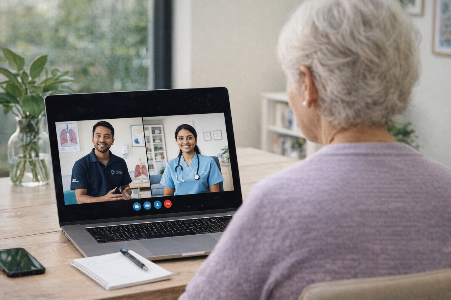 An elderly woman having a video call with two healthcare professionals, one male and one female, on her laptop in a bright room with a window and houseplants.
