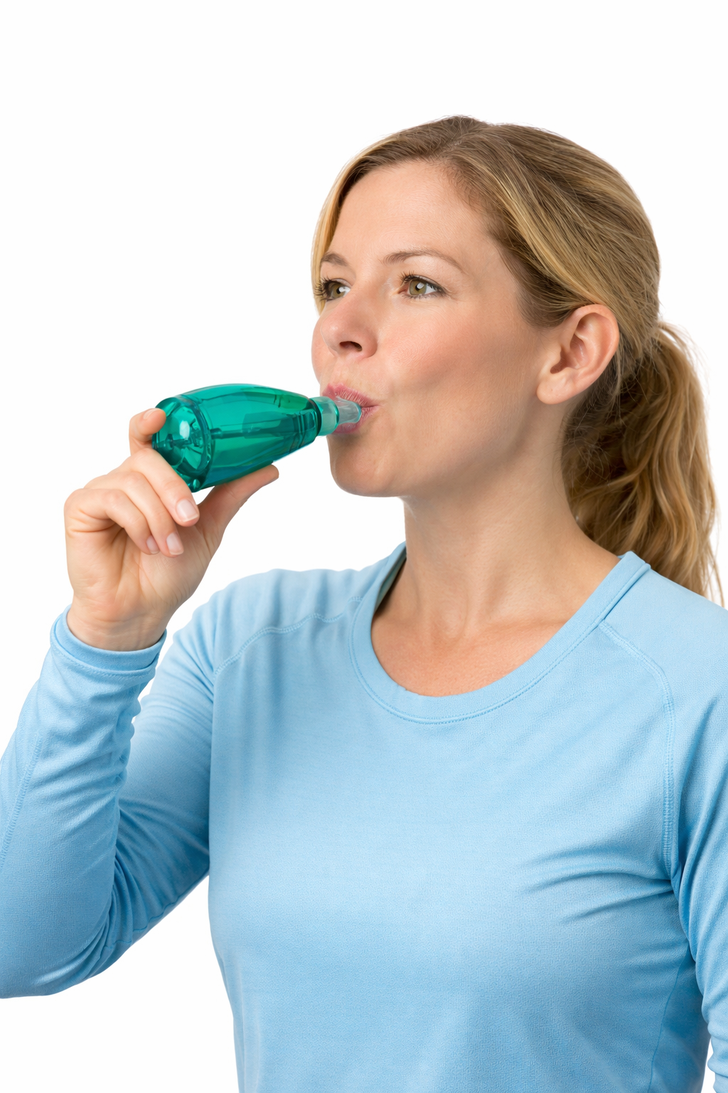 A woman performing airway clearance breathing techniques, wearing a light blue athletic shirt, against a white background.