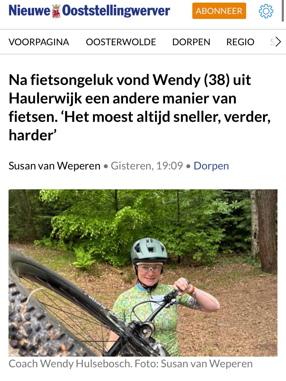 &ldquo;Ik dacht dat fietsen draaide om harder, sneller en verder.
Nu weet ik dat het draait om aandacht, ademhaling en vertrouwen.&rdquo;

Vandaag sta ik in de krant met mijn verhaal.

Een verhaal over vallen, revalideren, opnieuw beginnen en ontdekk