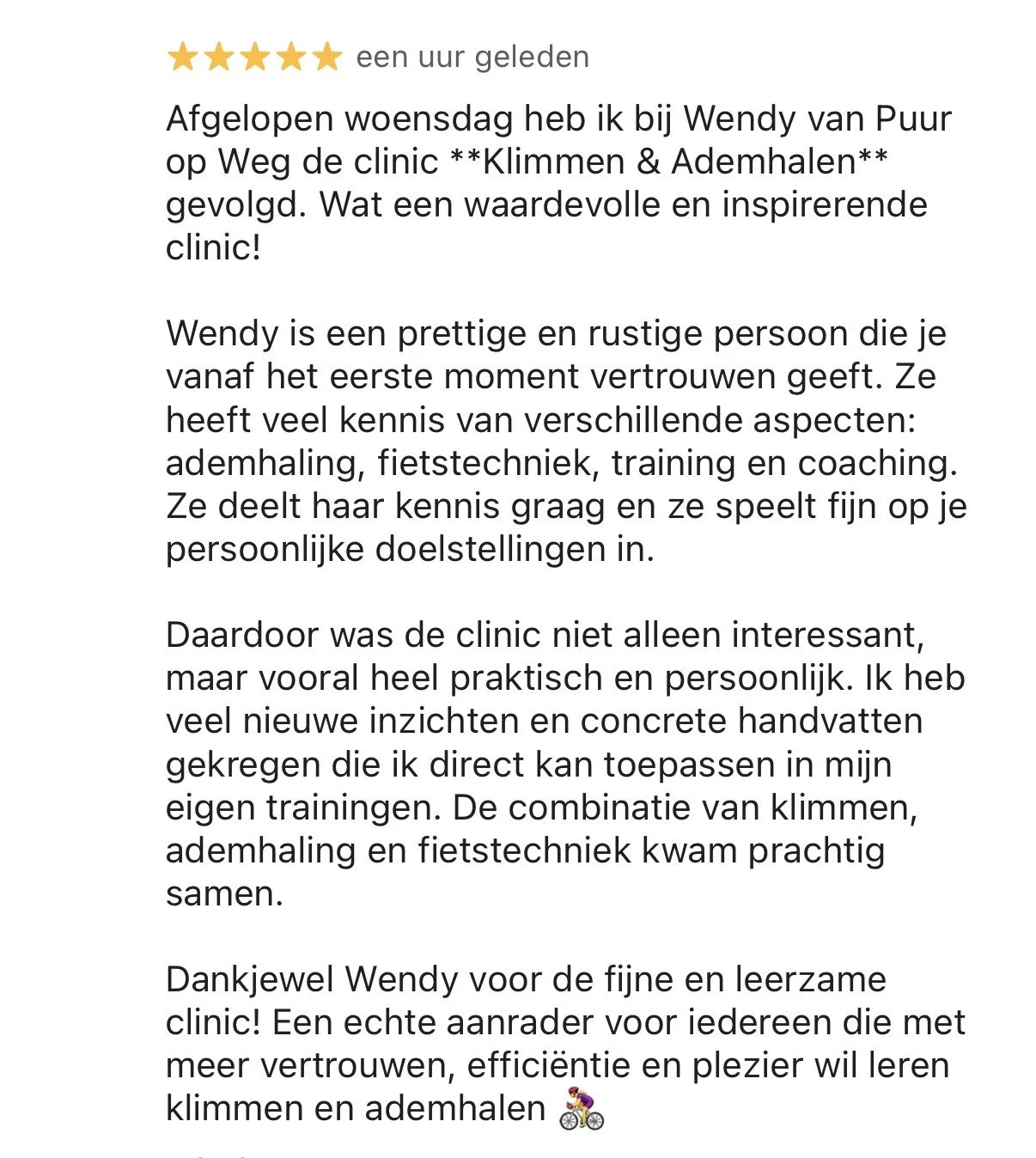 Recensie over een kliniek voor ademhaling en fiets- en trainingstechnieken, geschreven in het Nederlands met een fiets- en een persoon op een fiets tekening aan het einde.