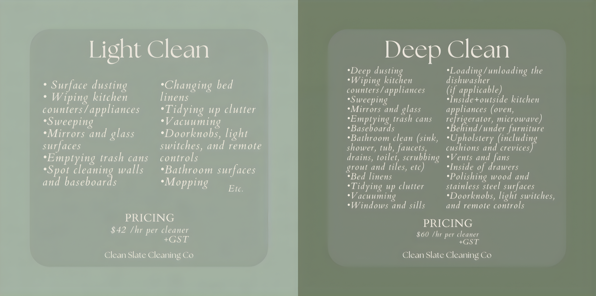list of services for Clean Slate