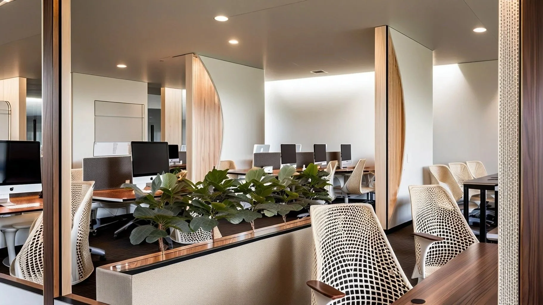Modern office space with desks, chairs, and desktop computers, separated by wooden and glass partitions, and decorated with green plants.