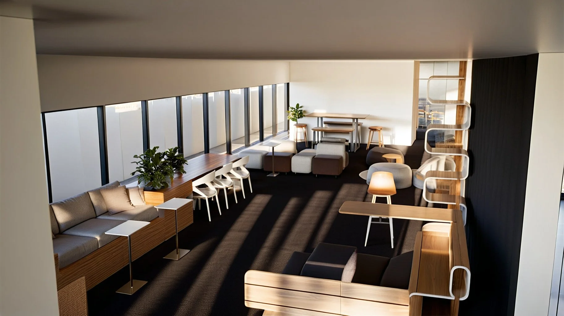 Modern, minimalist lounge with large windows, light-colored sofas, wooden tables, and black accent wall, illuminated by natural light and lamps.