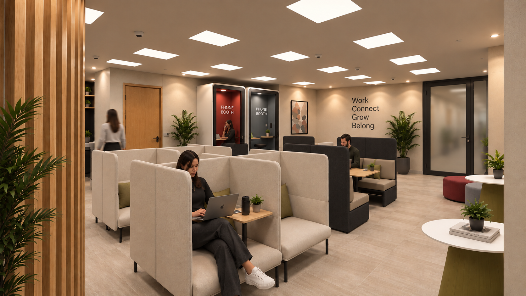 Modern office lounge with private phone booths, seating areas, and plants. People working on laptops and relaxing.