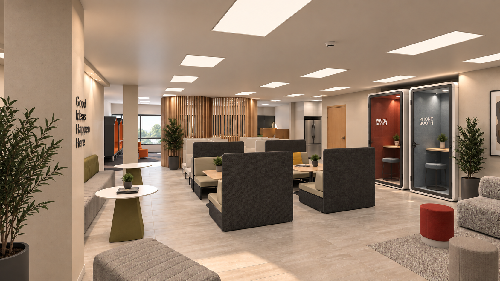 A modern, well-lit waiting area with seating booths, tables with potted plants, phone booths, and a wooden divider in an office or lounge setting.