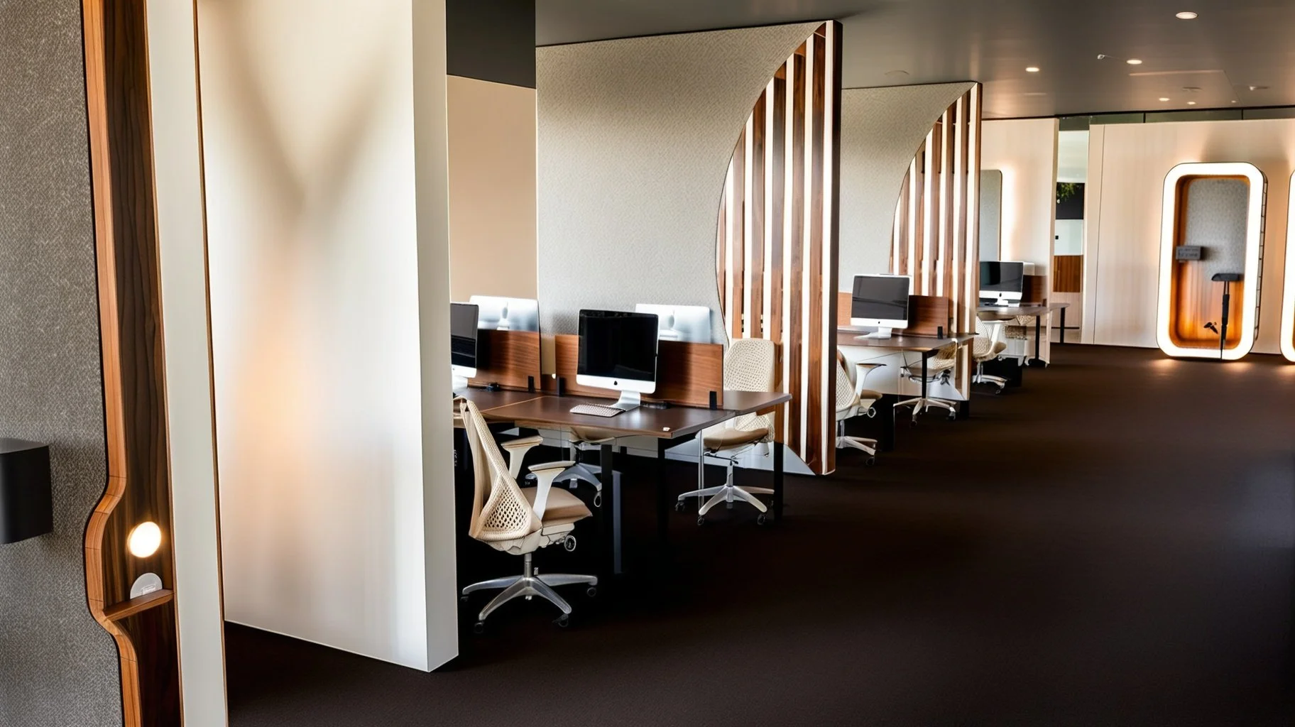 Modern workspace with individual desks separated by curved wooden partitions, each with Apple iMac computers, beige office chairs, and a dark carpeted floor.