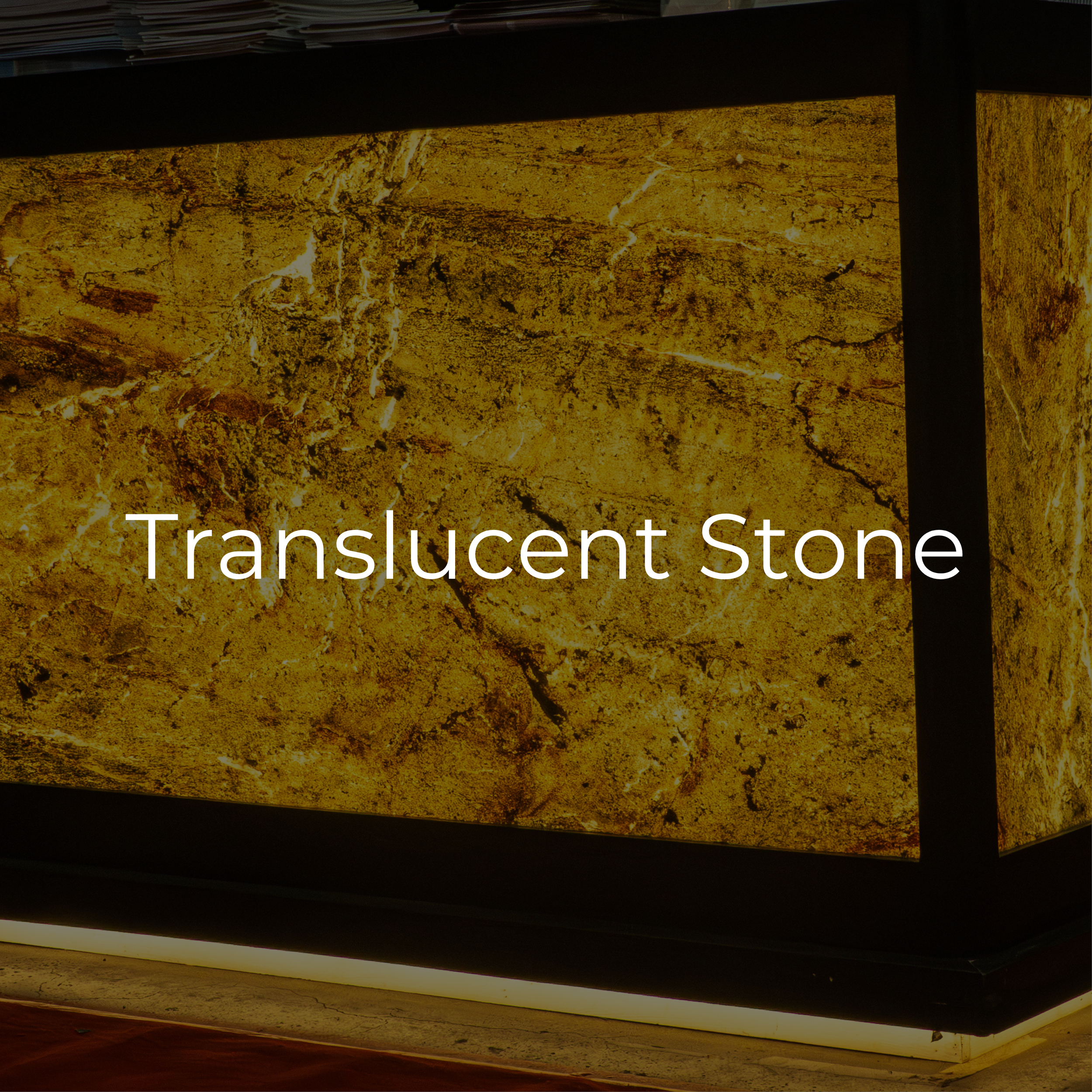 Close-up of a illuminated translucent stone with gold and brown tones, labeled as 'Translucent Stone'.