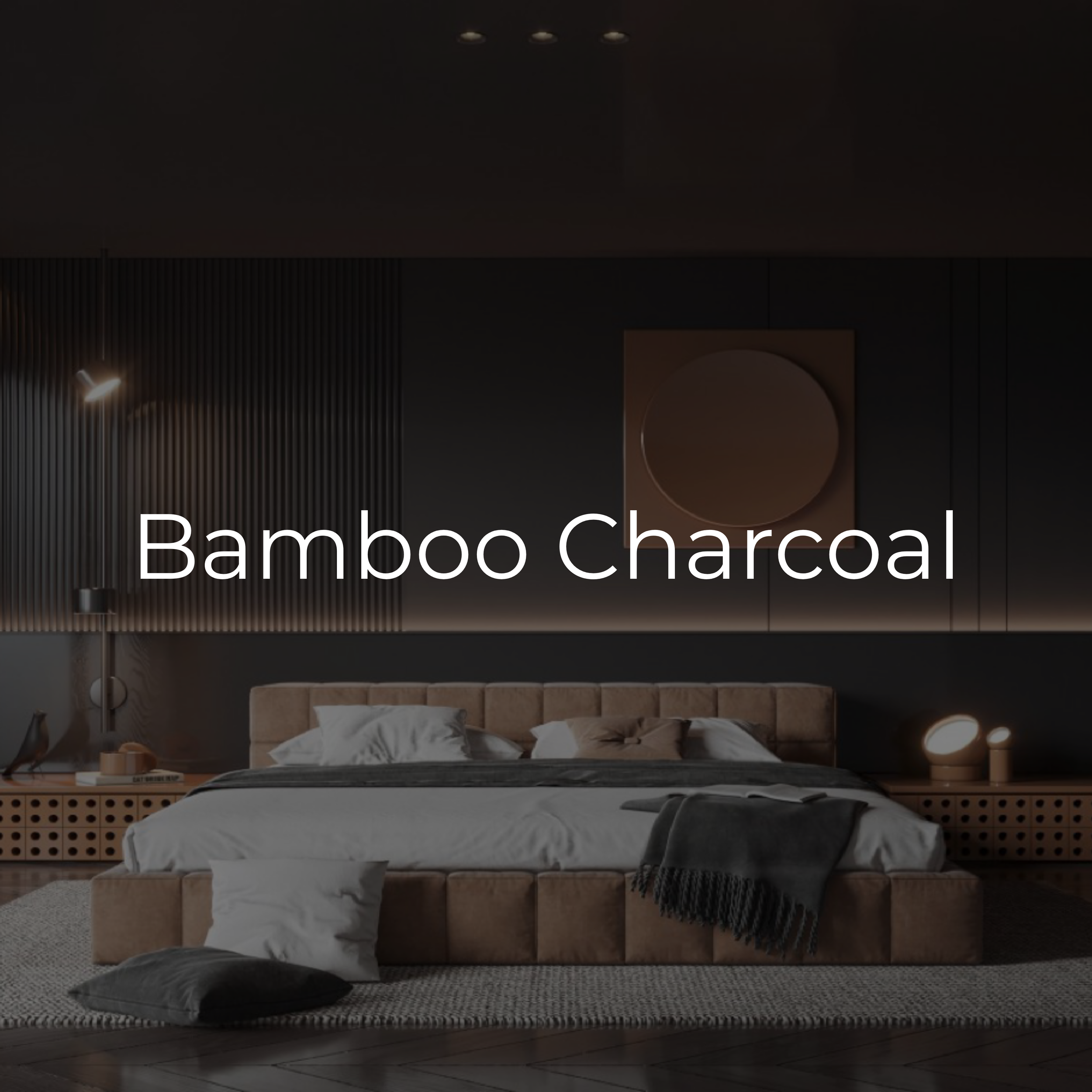 Modern bedroom with a beige upholstered bed, white bedding, black and beige pillows, and a throw blanket. Nightstands with lamps on either side, dark wall with textured paneling, and wooden decor accents.