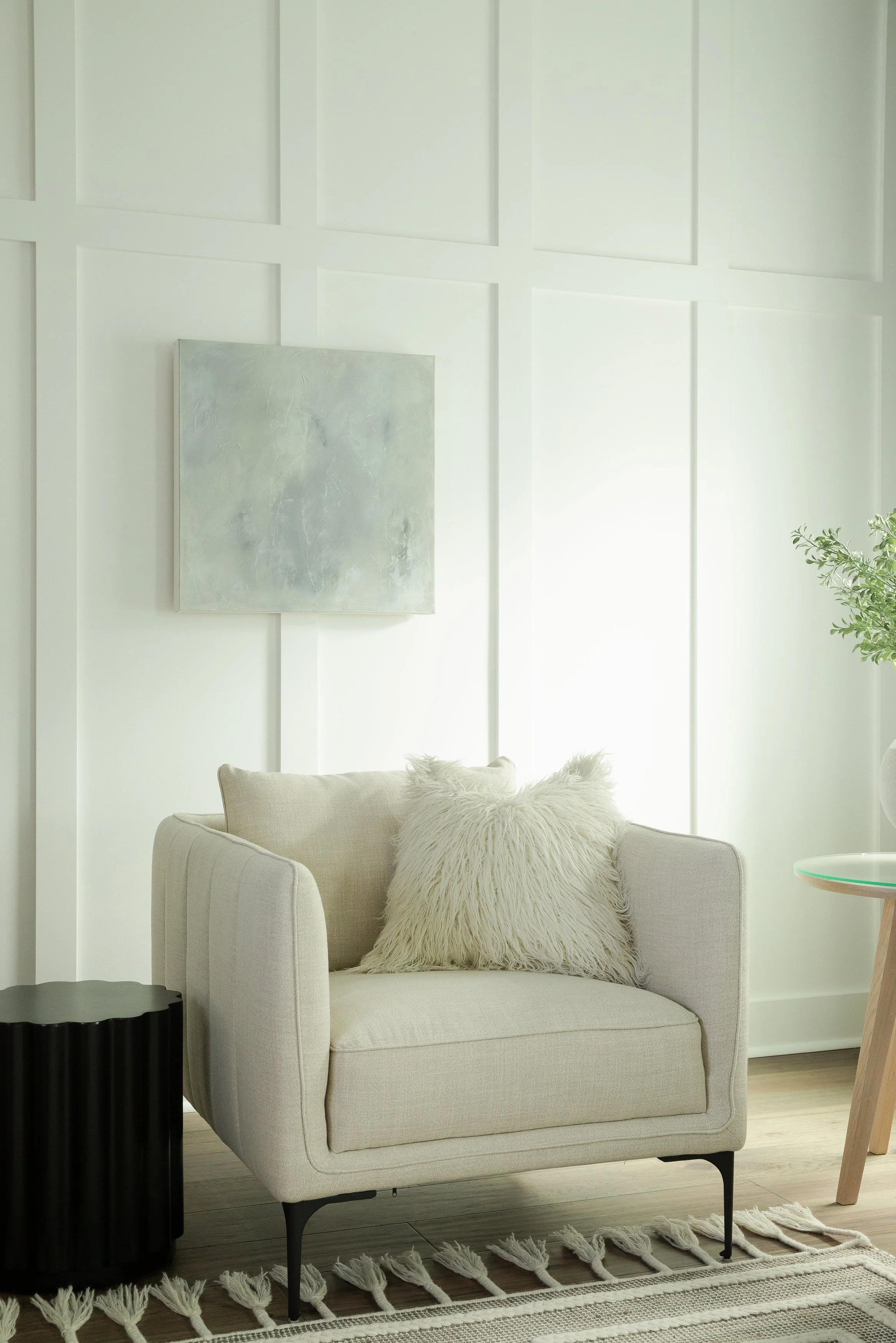 Abstract artwork by Kelly O'Leary in light and bright coastal-modern room, Savannah, GA