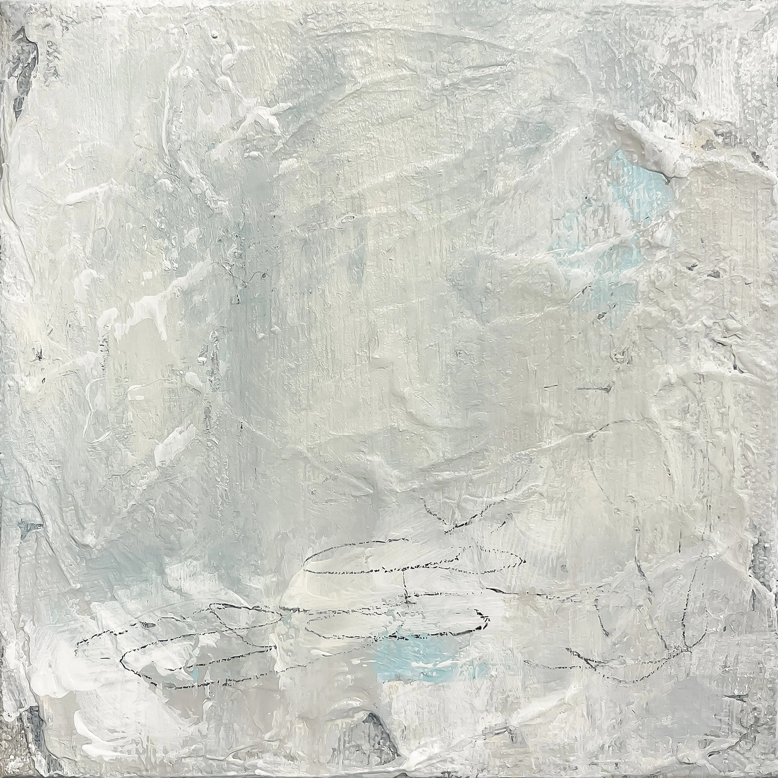 Abstract painting in soft , neutral hues with heavily textured surface, delicate gestural line work and subtle expressive mark-making, by Kelly O'Leary, Savannah, Georgia.