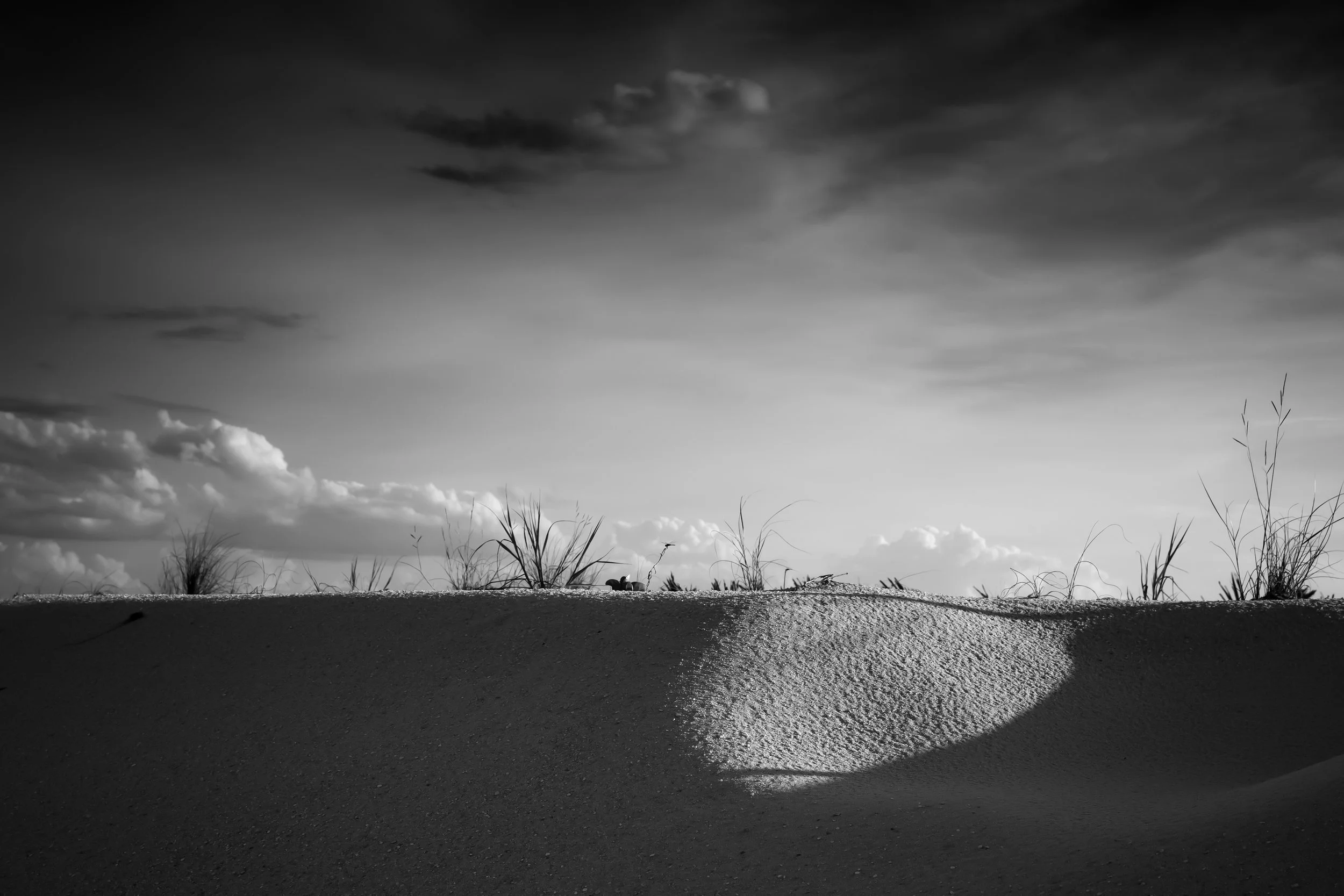 Minimalist black and white capture of sweeping sand dune with dramatic shadow and light under vast clouded sky, St. Augustine, Florida.