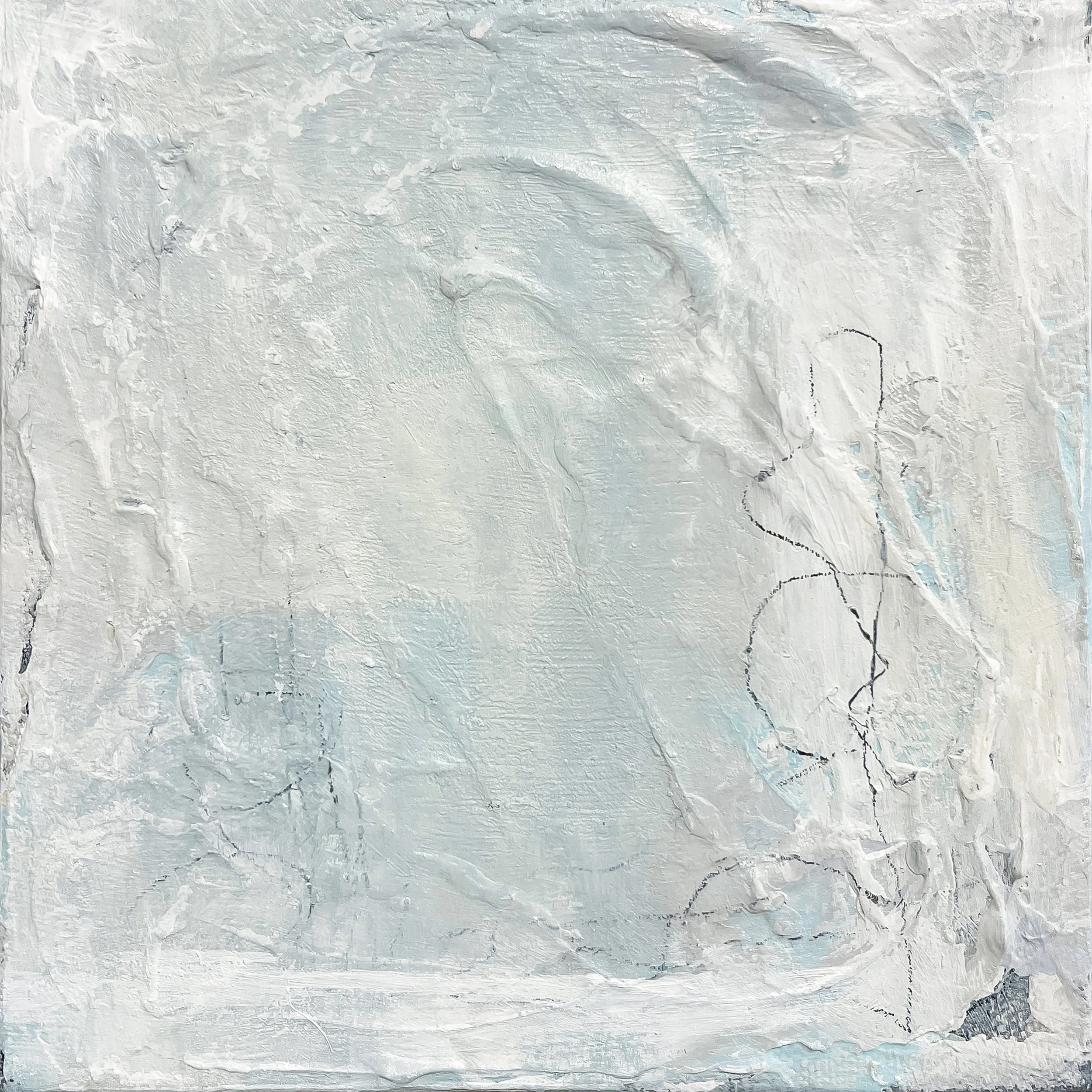 Abstract painting in soft , neutral hues with heavily textured surface, delicate gestural line work and subtle expressive mark-making, by Kelly O'Leary, Savannah, Georgia.