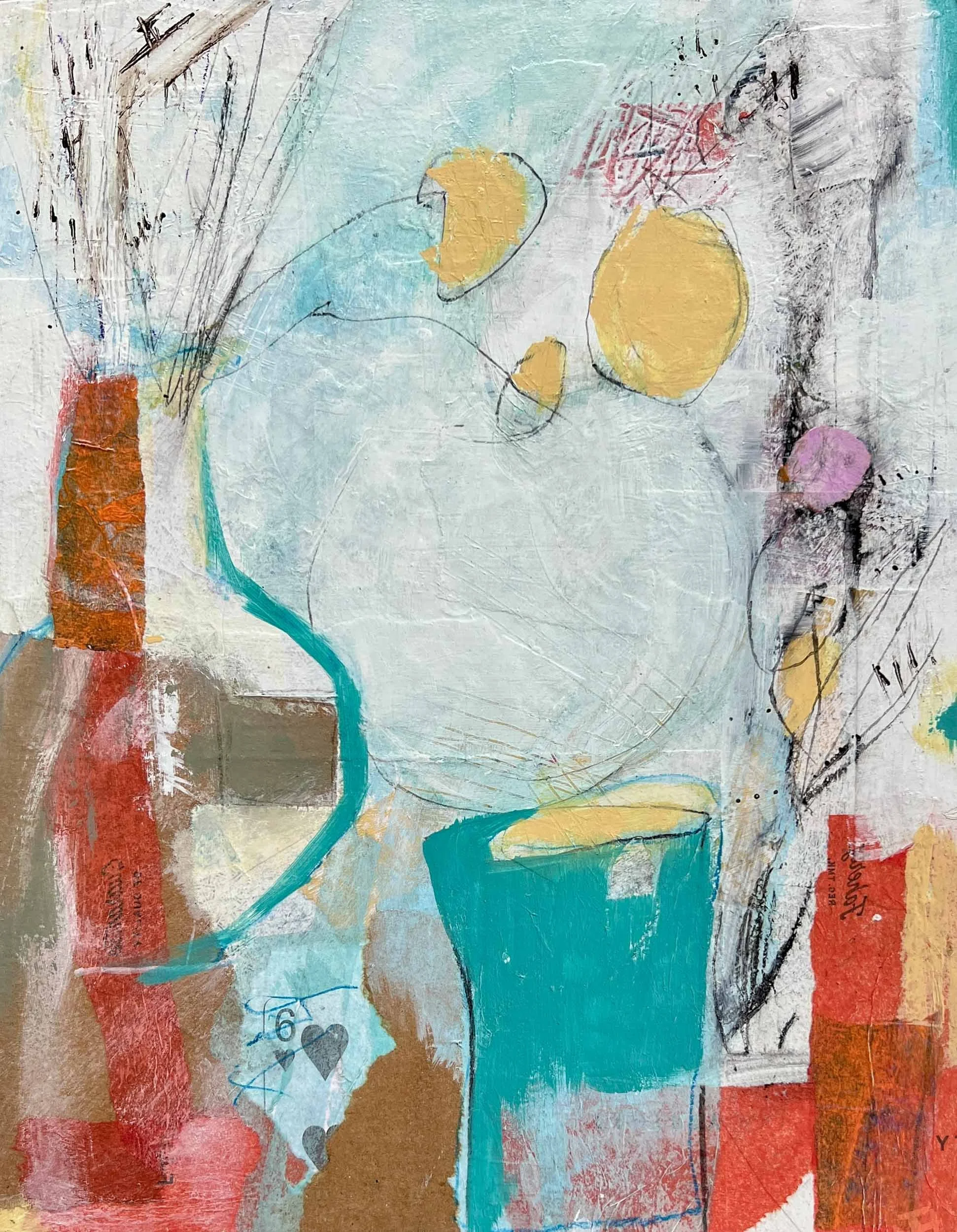 SIX OF HEARTS - Acrylic Mix Media Painting on Wood Panel- 14 X 11 - $475