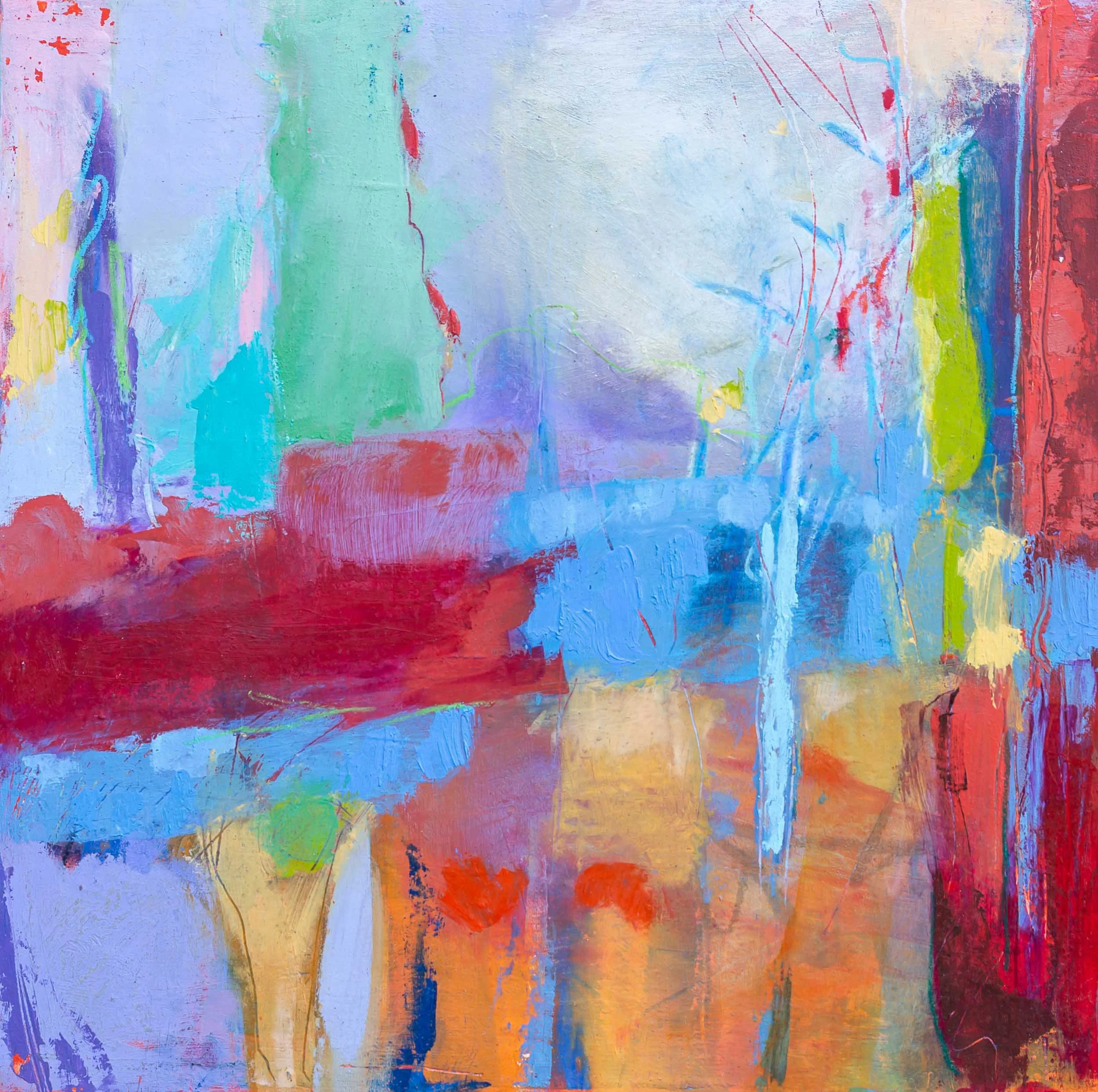 Abstracted Landscape in Bright, Complex Colors of Blues, Reds, Greens. 