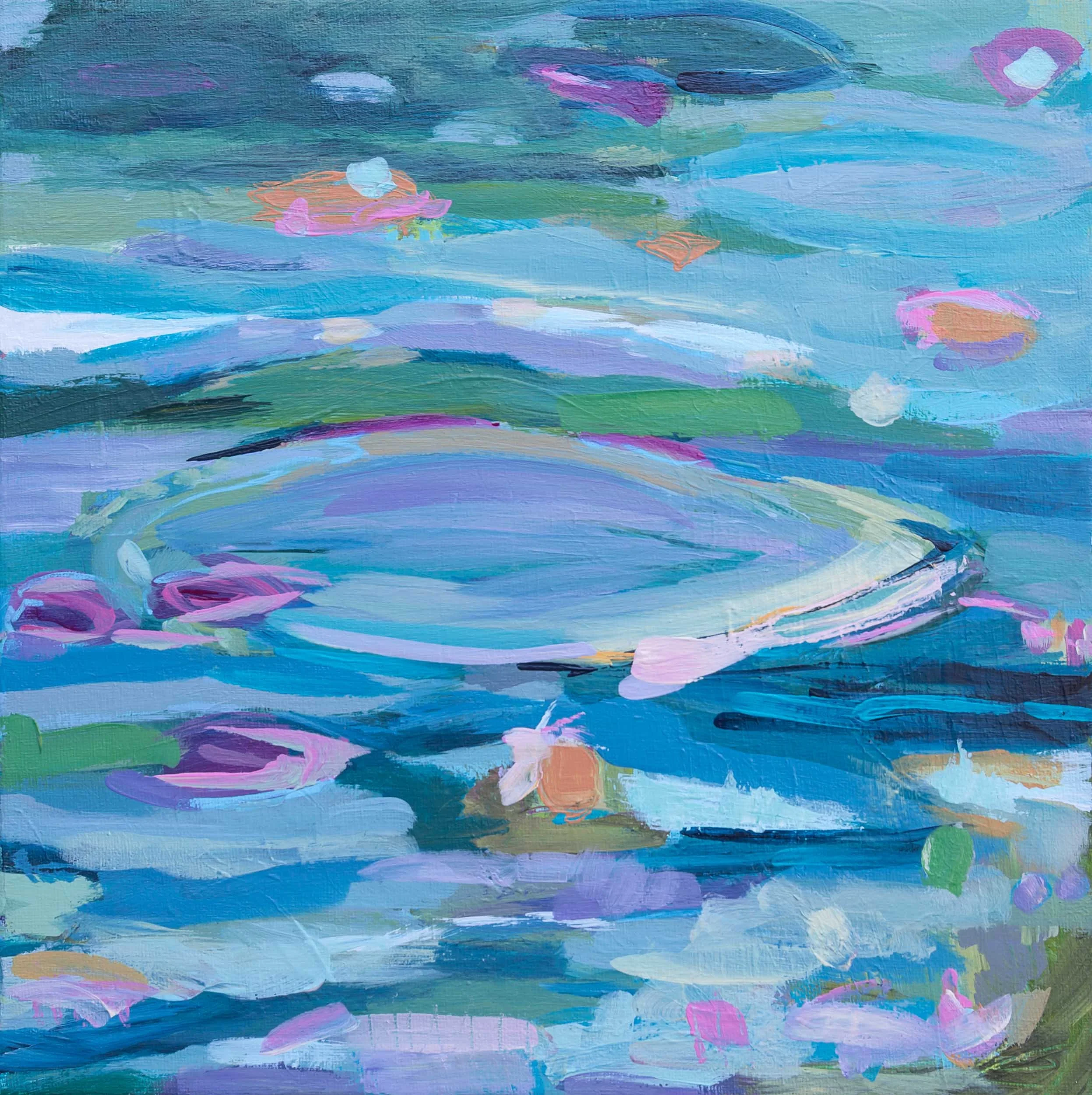 Abstract water lilies painting with vibrant colors including orange, red, blue, purple, yellow, and green, with brushstrokes and layered textures.