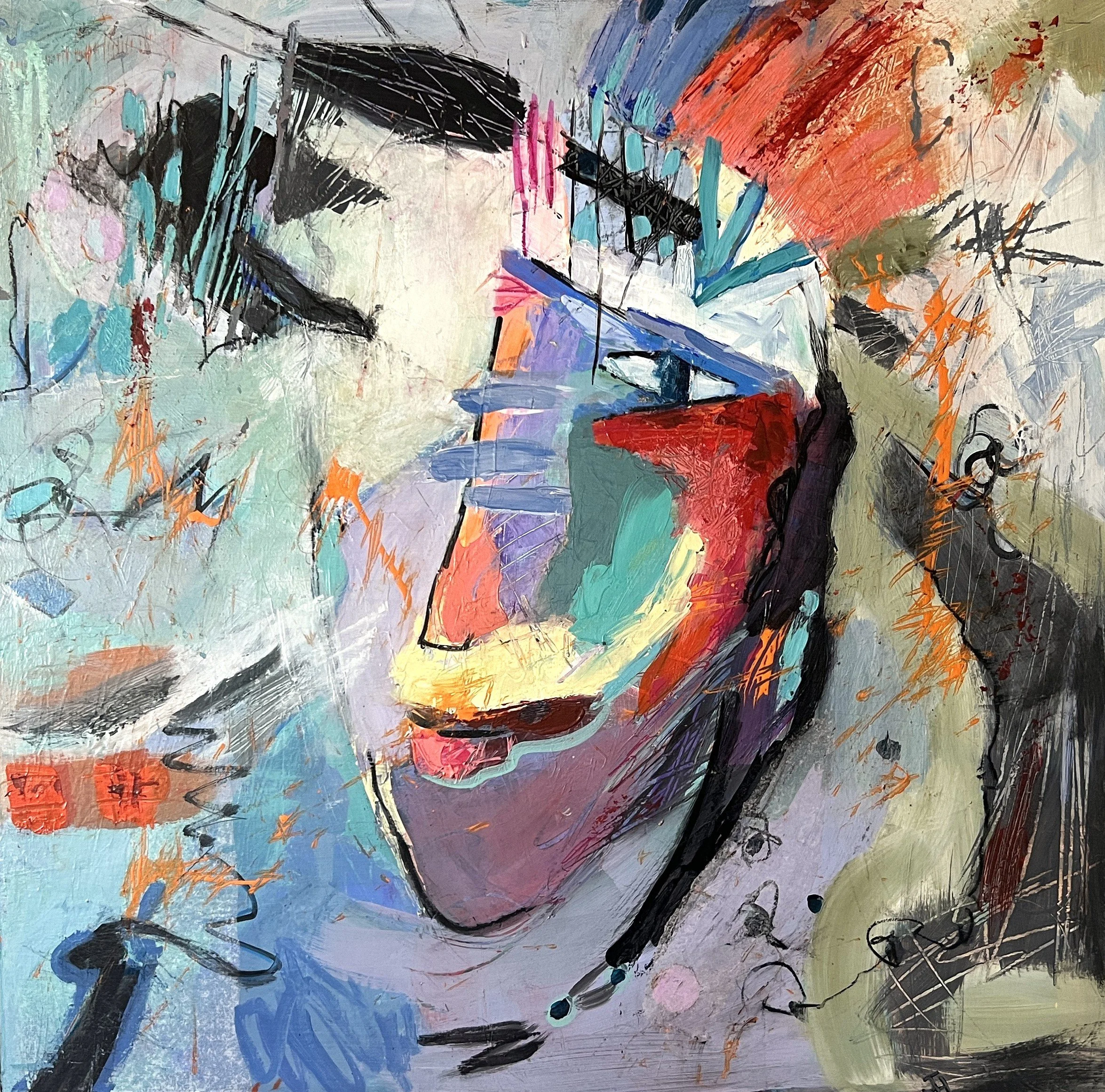 Abstract painting of a woman's face with headphones, using bold strokes of vibrant colors.