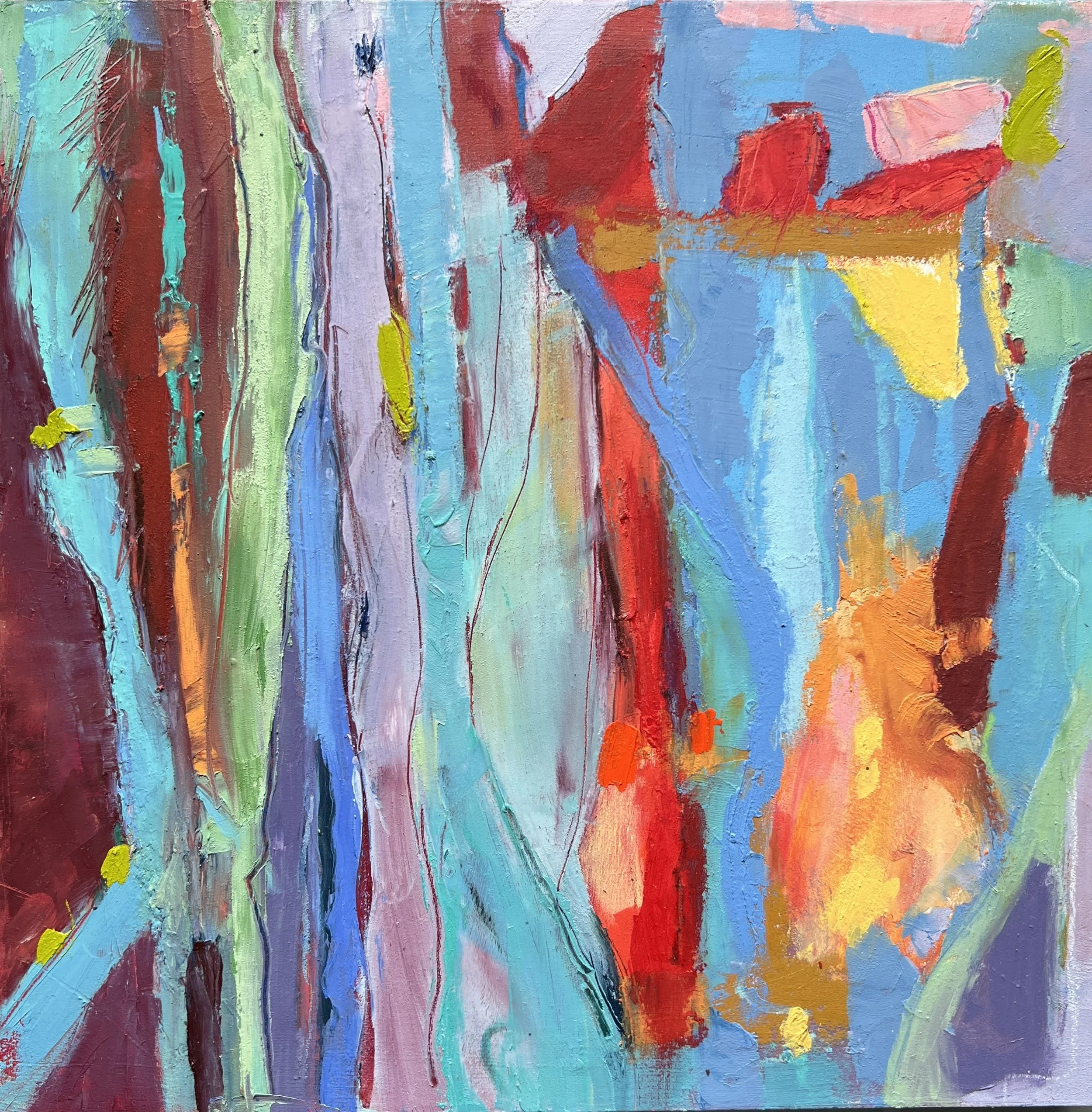 Abstract painting with vibrant streaks of blue, red, green, yellow, and purple colors in bold, textured strokes.