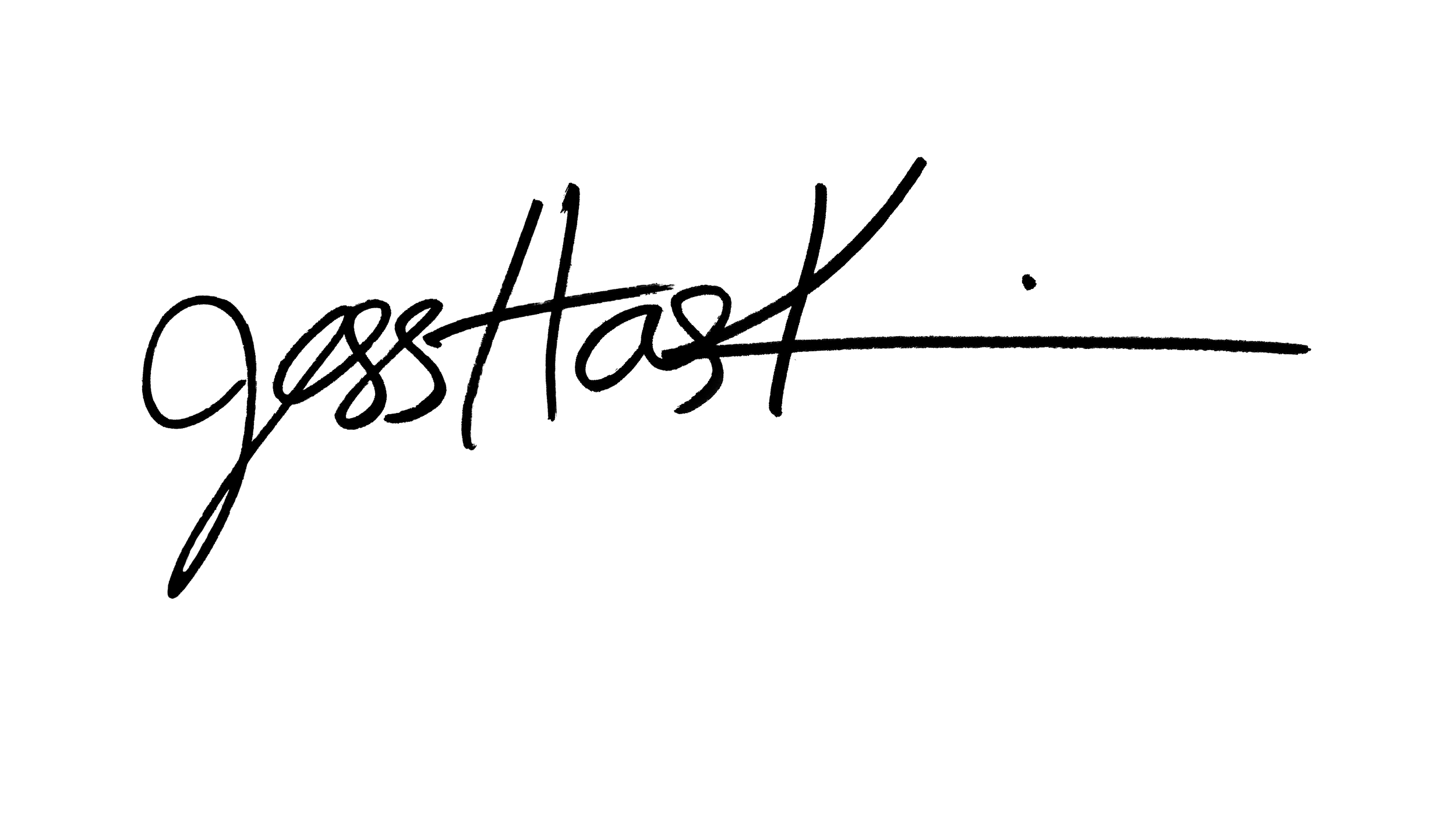 A handwritten signature spelling 'Jess Hask' in white on a black background.