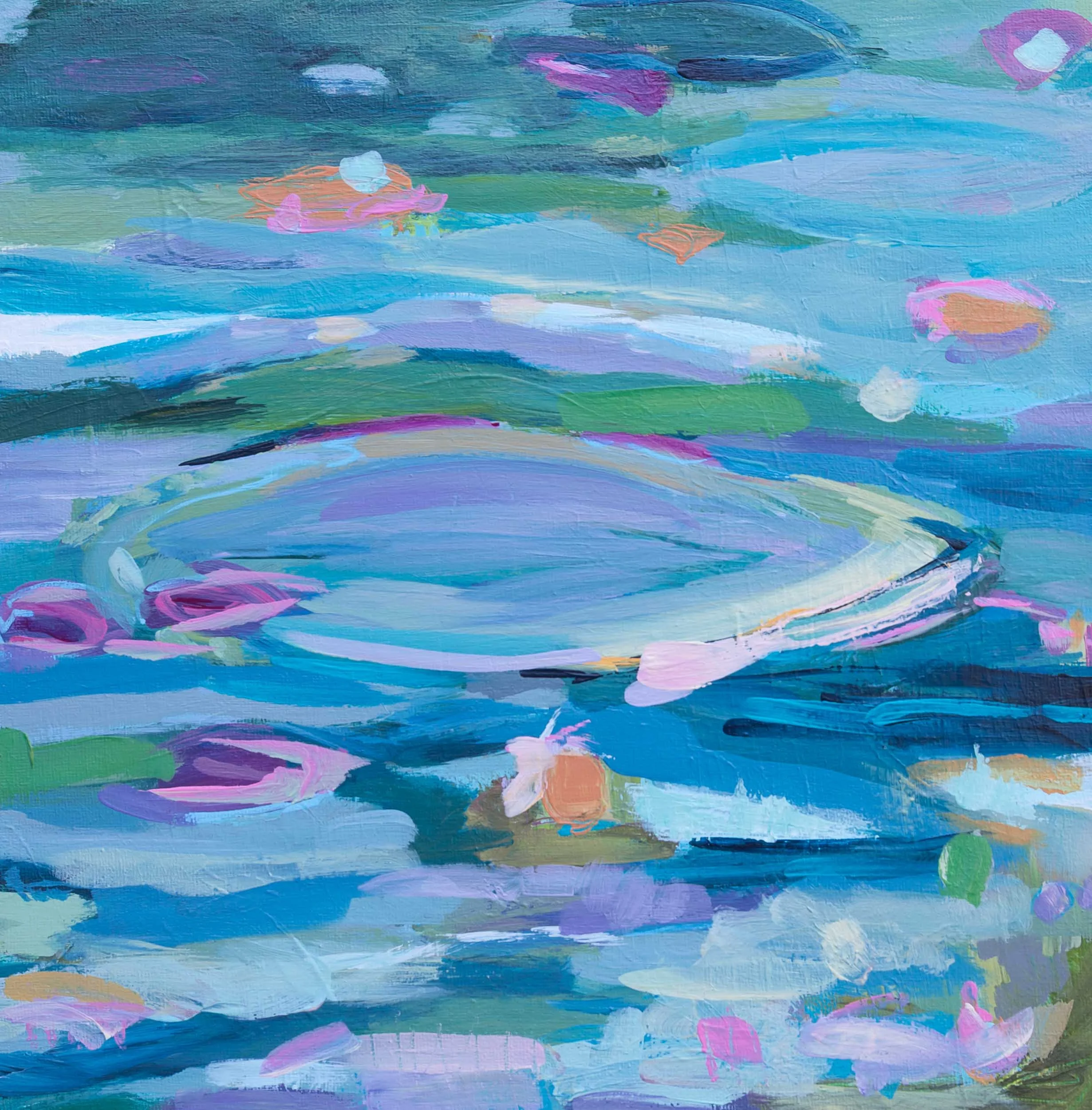 Abstract painting of a face in bold colors of blue, yellows, oranges. 