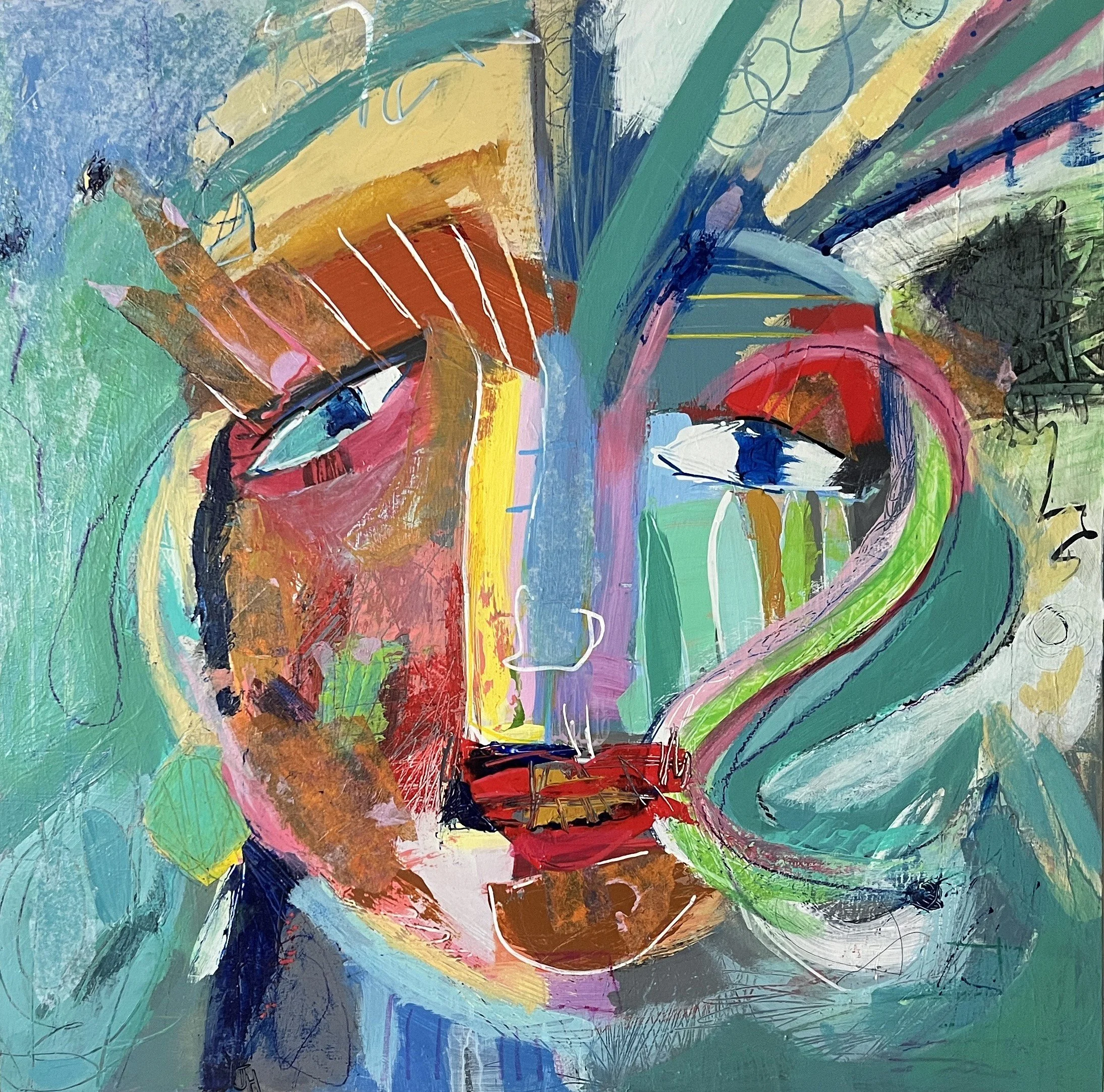 Abstract painting of a face with bold, colorful brushstrokes. Features include eyes, lips, and facial contours in vibrant shades of green, red, blue, and pink.
