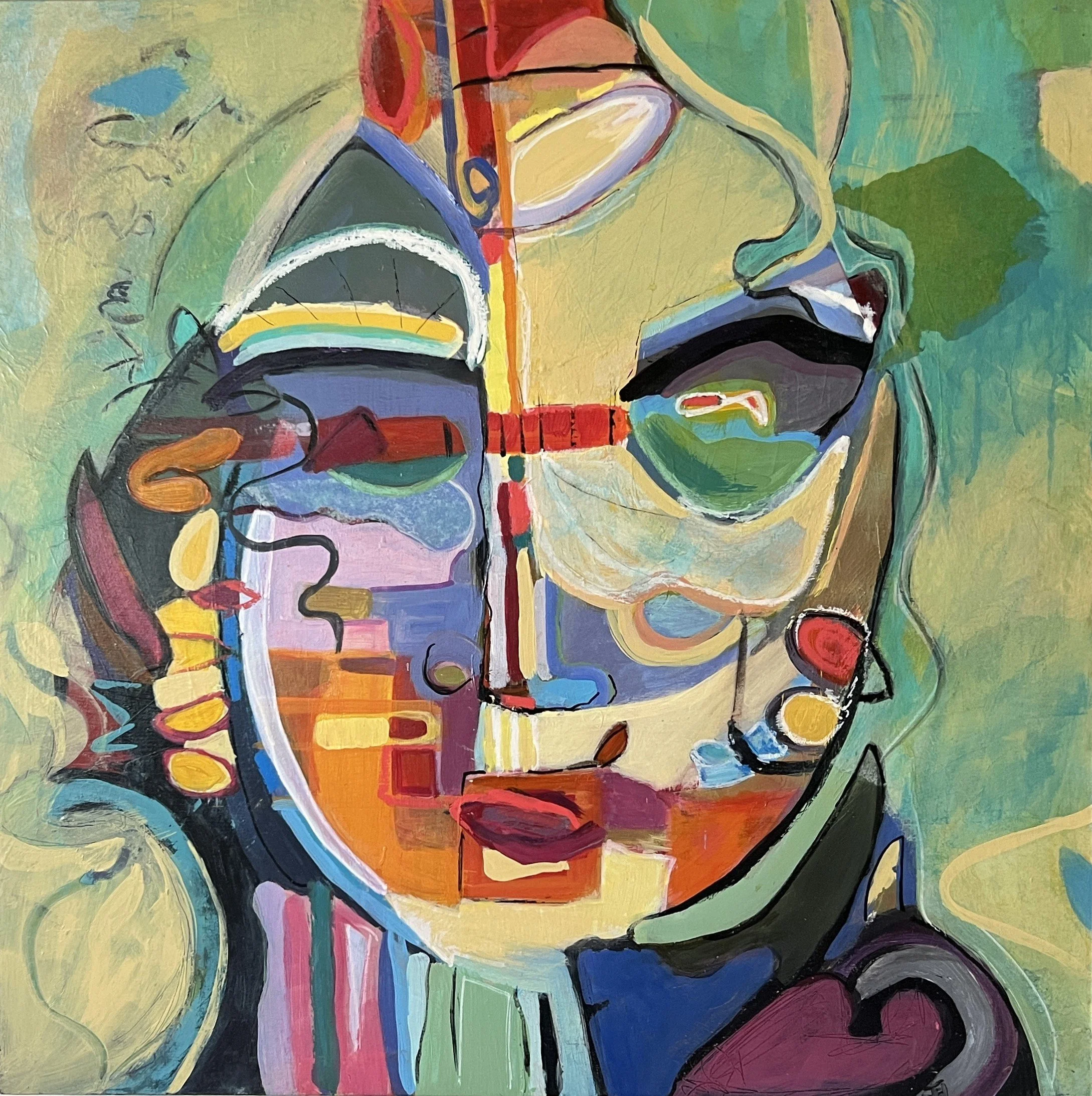 Abstract colorful painting of a face in cubist style with bright, vivid colors and geometric shapes.