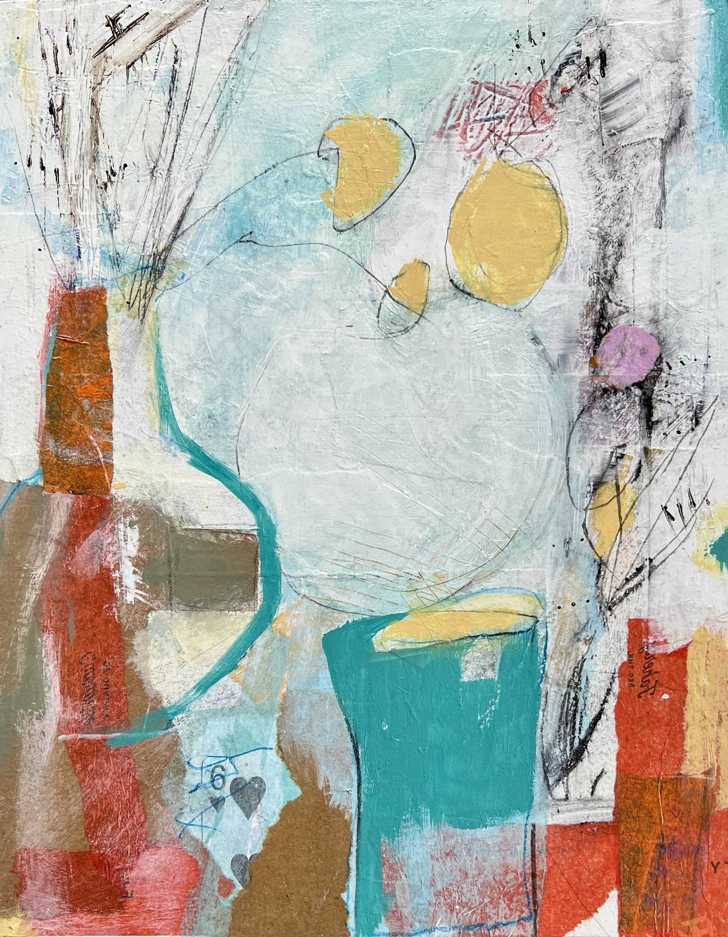 Abstract painting of a cityscape by a river, using vibrant blues, teals, yellows, and reds with impressionistic and swirling brushstrokes.