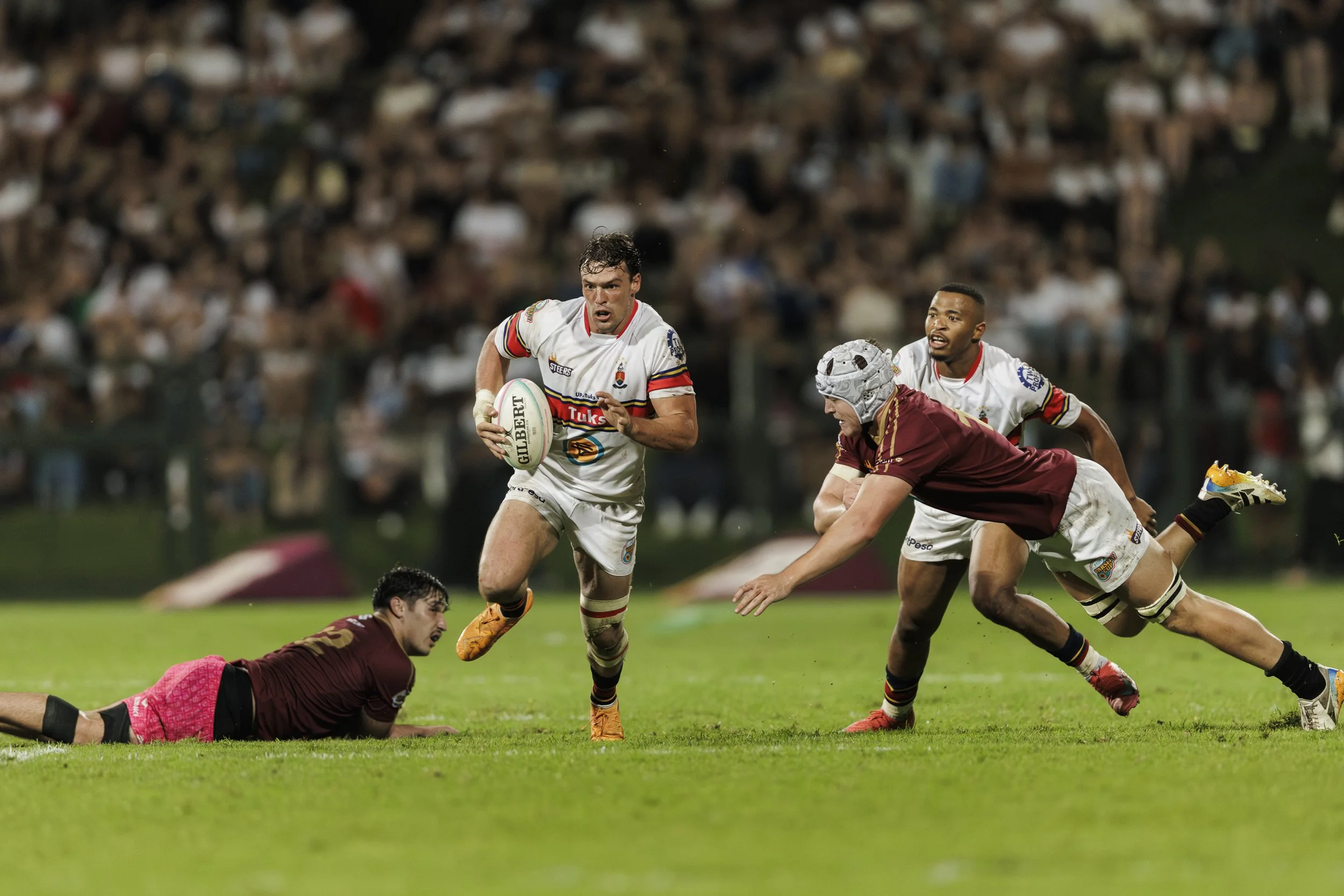 Rugby player from Tuks breaking the line against Maties during the Varsity Cup 2026 match in Pretoria at Tuks stadium