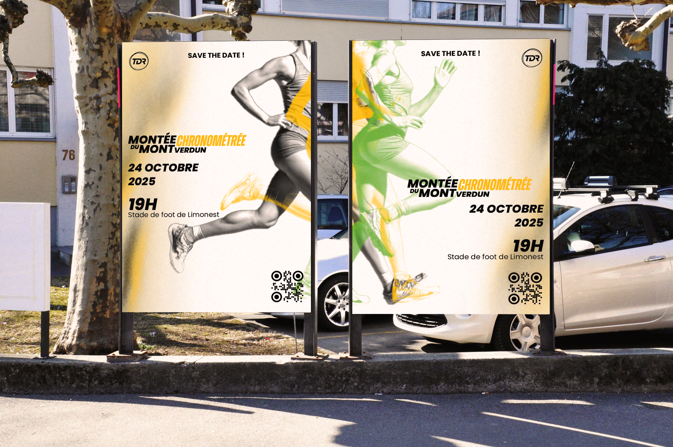 Two posters publicitaires pour un événement de course à pied, avec des images de coureurs en mouvement et des détails de l'événement comme la date, l'heure et le lieu, écrits en français.
