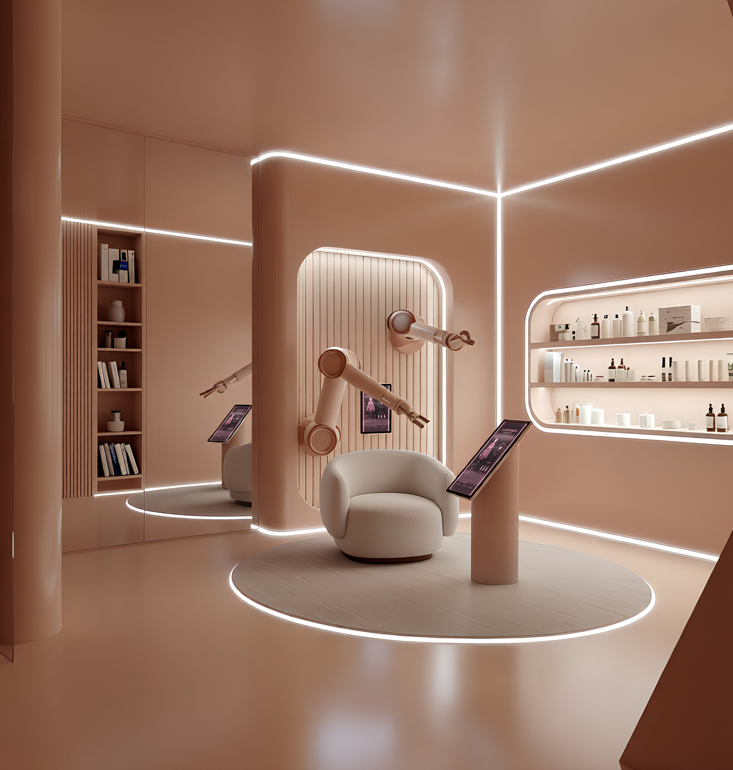 Une pièce moderne aux teintes pastel avec des robots et une chaise blanche, éclairée par des lignes lumineuses. On y voit aussi une étagère avec des produits et une tablette interactive.