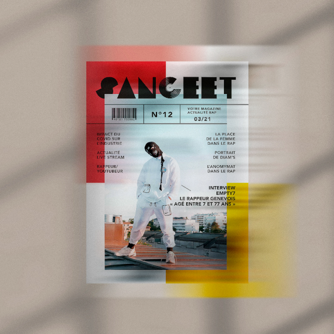 Une couverture de magazine intitulée 'SANCÉT' avec un homme en tenue blanche posant sur un toit urbain, entouré de textes en français et de couleurs rouges, noires, blanches et jaunes.