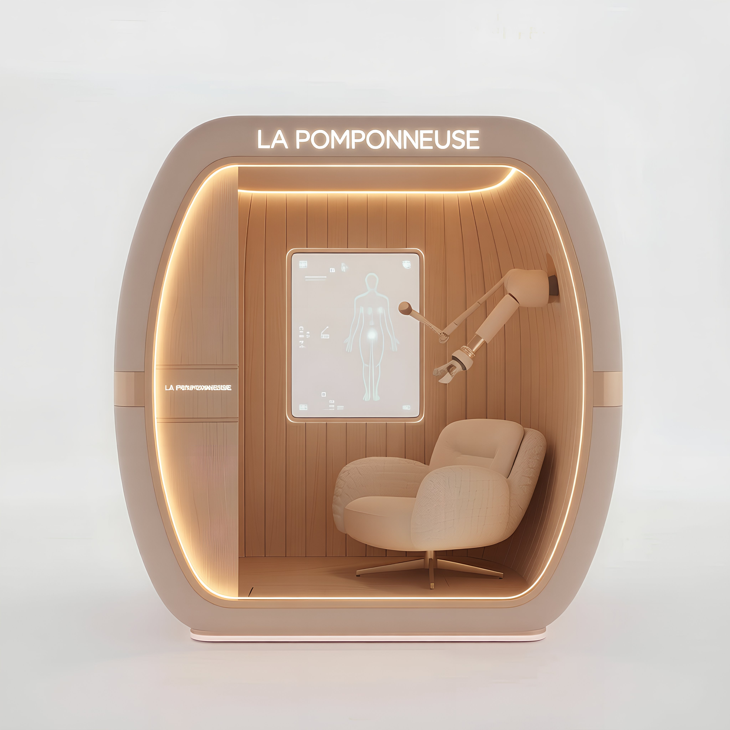 Cabine futuriste avec un fauteuil beige, un bras robotique et un écran montrant un corps humain, l'inscription "La Pomonneuse" en haut