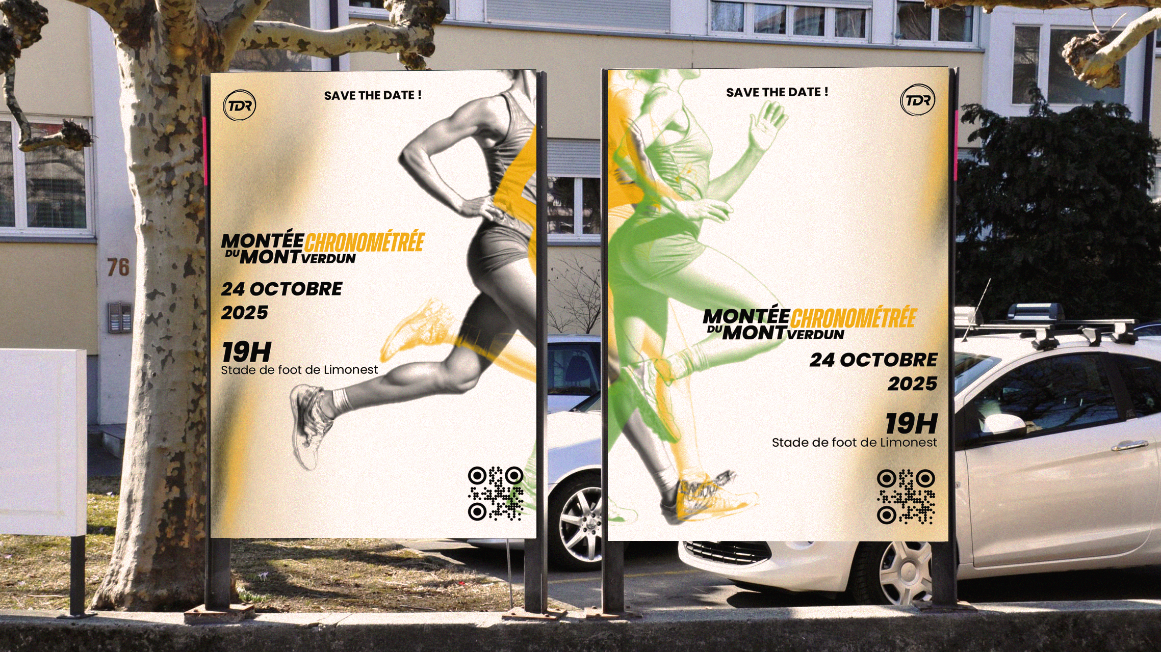 Affiches promotionnelles pour une course à pied, montrant un athlète en mouvement. Texte indiquant la date, l'heure, le lieu, avec un QR code en bas.