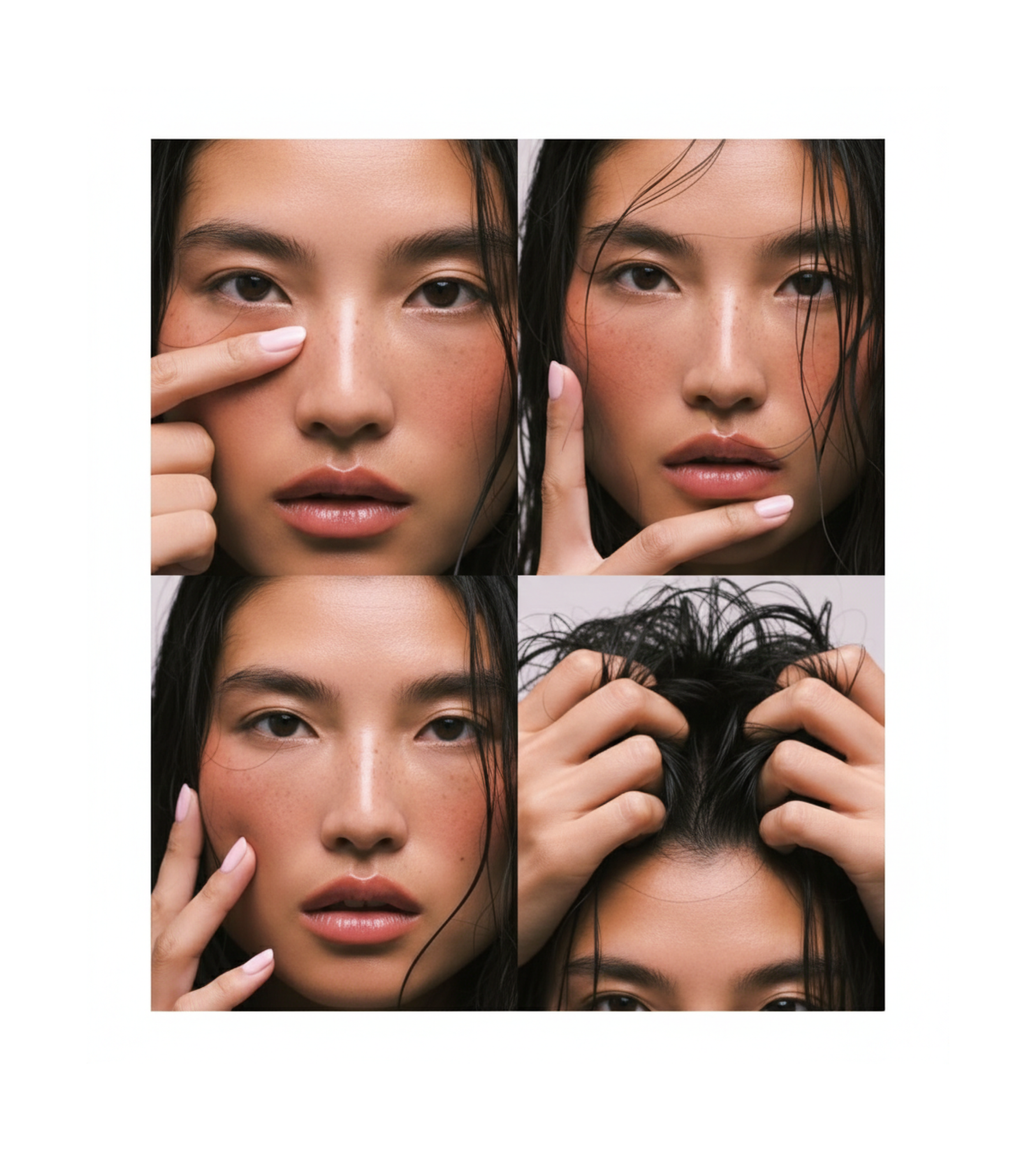 Une série de quatre portraits d'une femme asiatique avec des cheveux noirs, montrant différentes expressions et gestes liés à sa beauté et à ses soins de la peau.